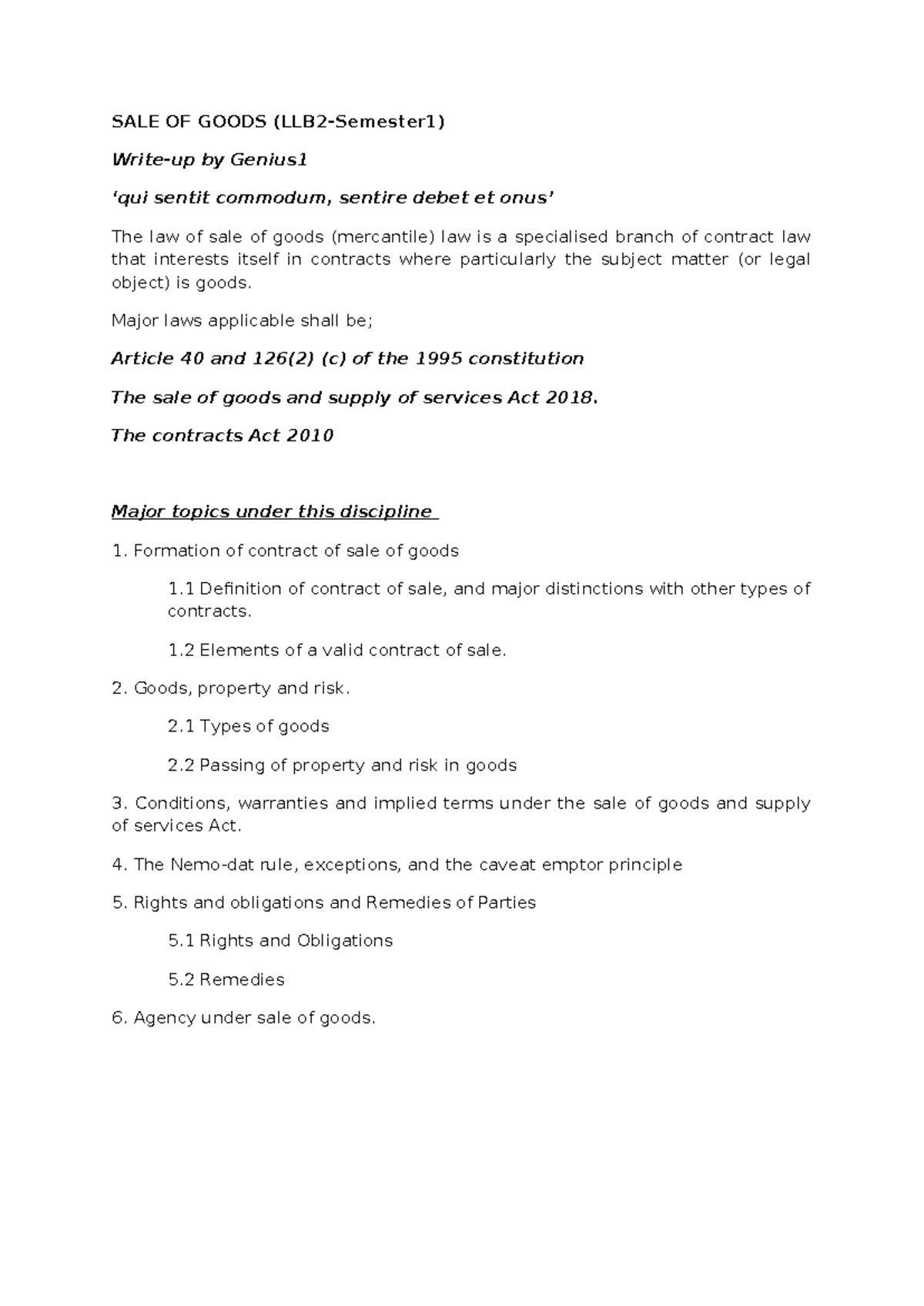 SALE OF GOODS: LLB2 Semester 1 NOTES on Mercantile Law - Studocu