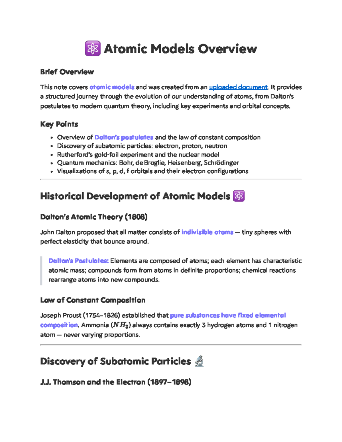 Chem 101: Overview of Atomic Models and Quantum Theory - Studocu