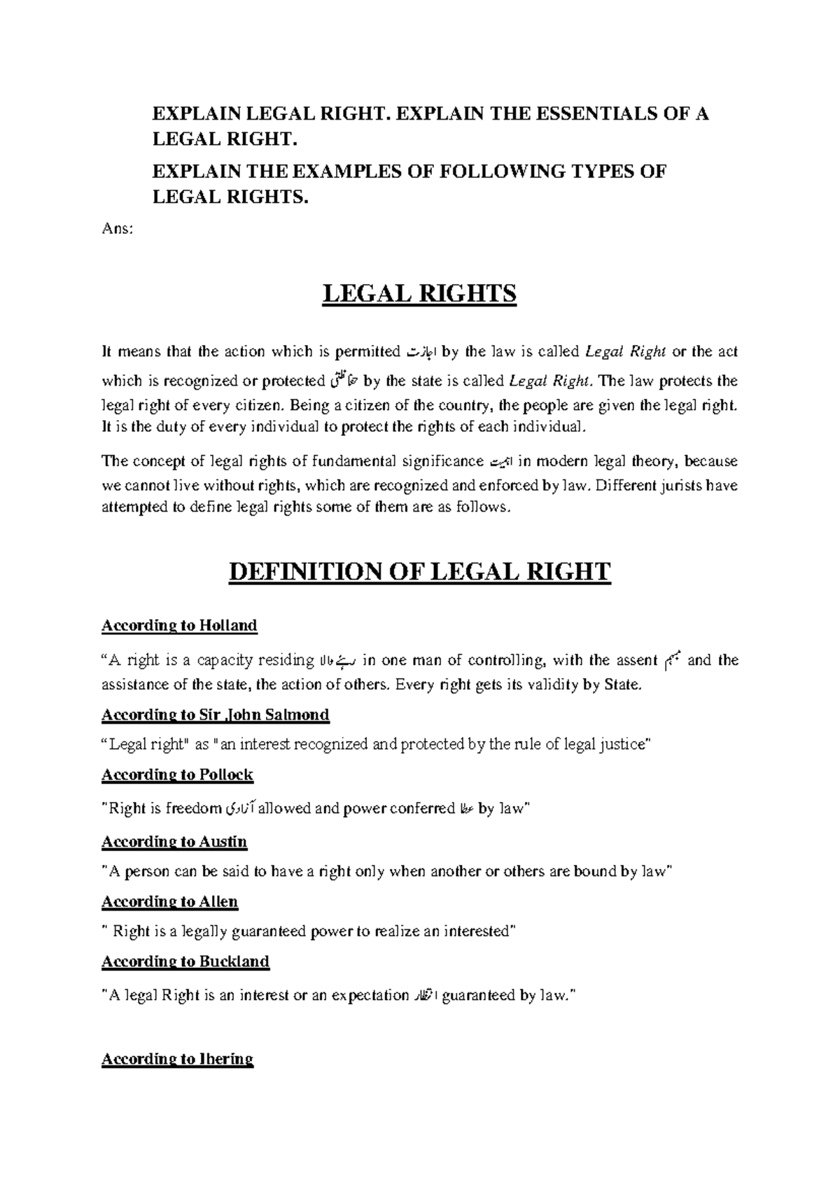Legal Rights AND Classification - EXPLAIN LEGAL RIGHT. EXPLAIN THE ...