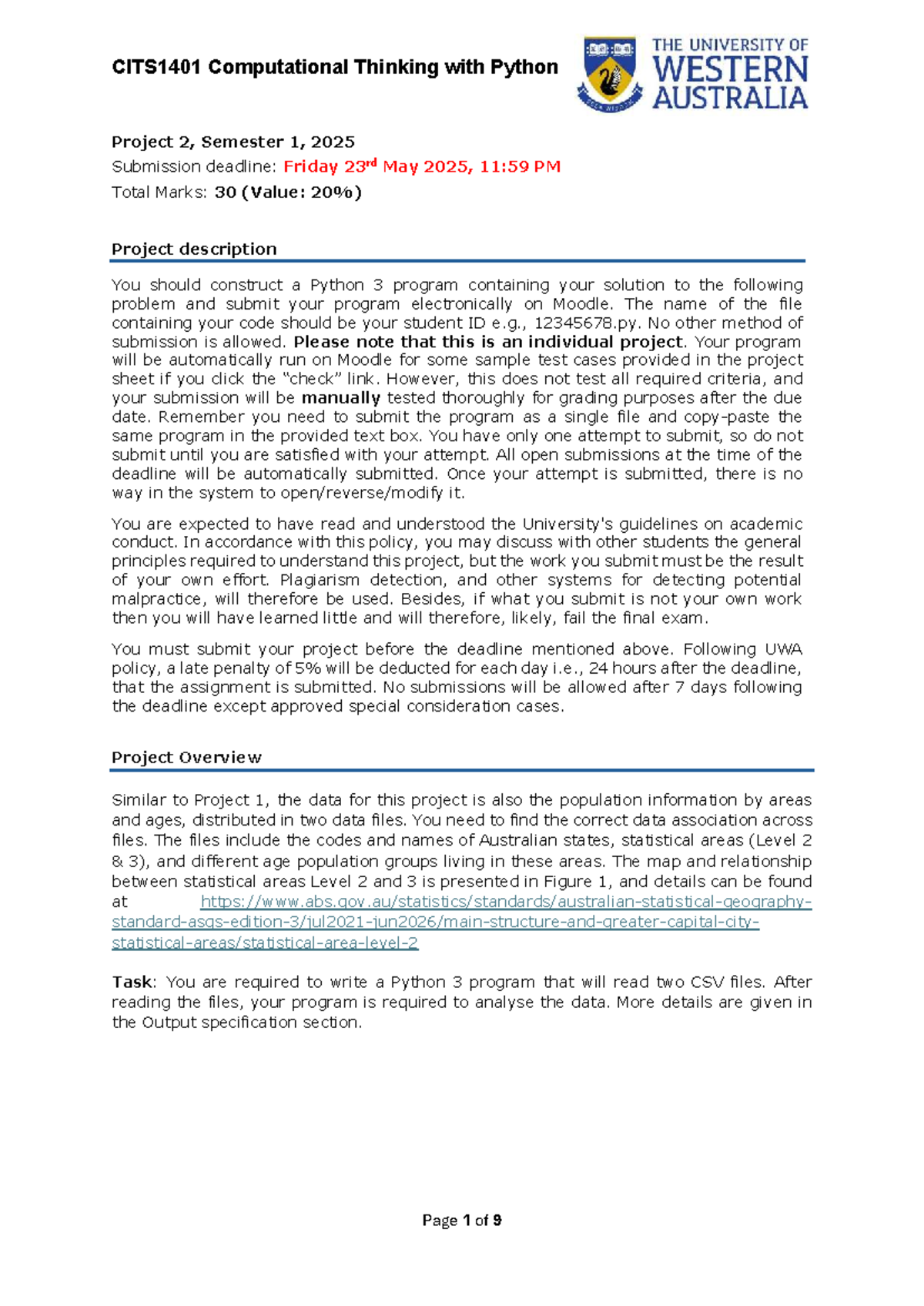 CITS1401 Computational Thinking with Python Project 2 Guidelines and ...