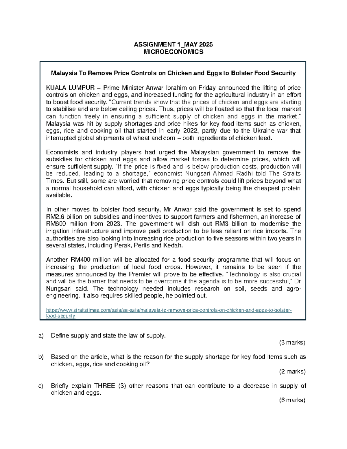 Assignment 1: May 2025 Microeconomics - Price Controls on Chicken ...