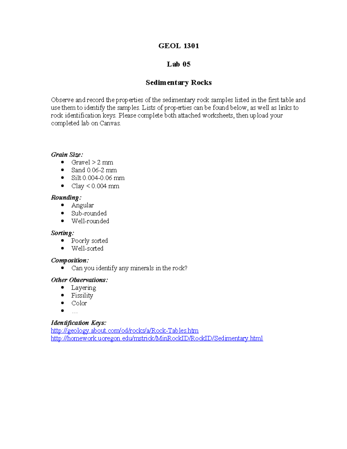GEOL 1301 - Lab 05: Identifying Sedimentary Rock Properties - Studocu