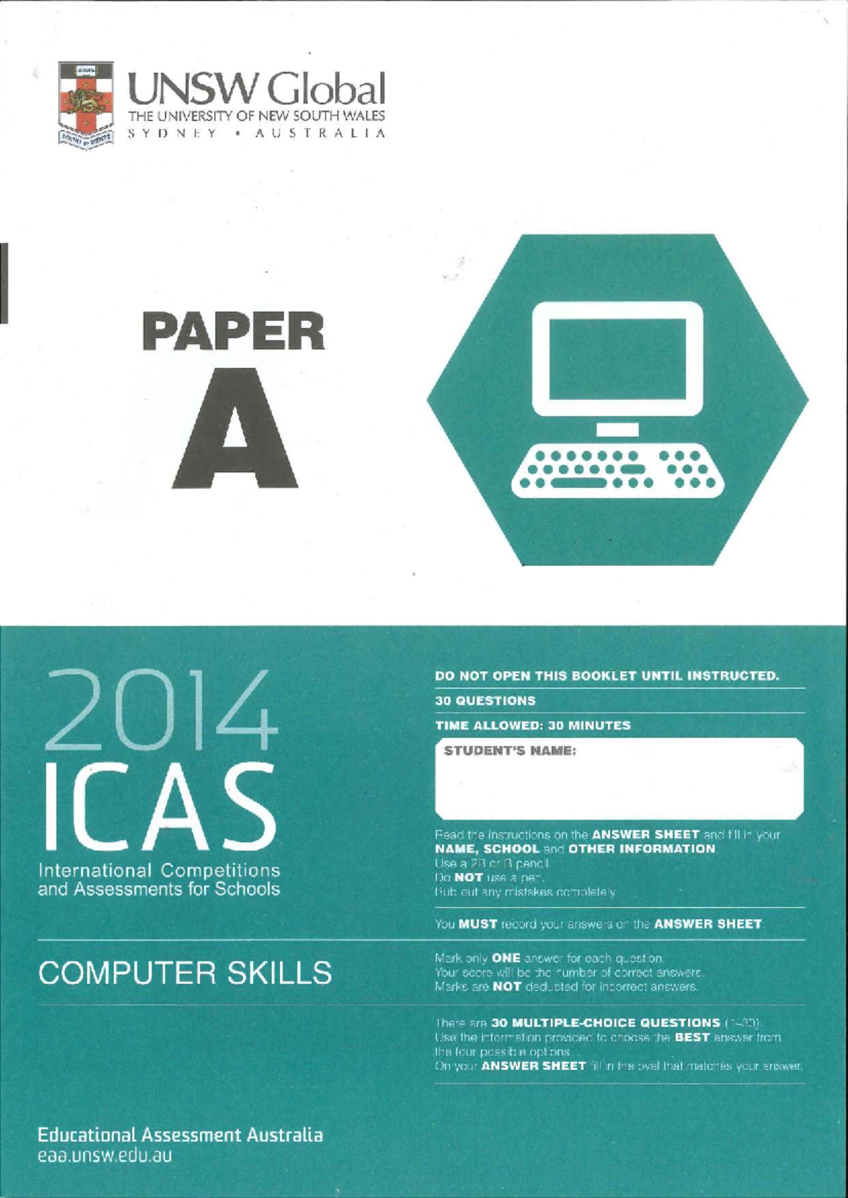 UNSW Global CS 2014 ICAS Computer Skills Exam Paper - Studocu