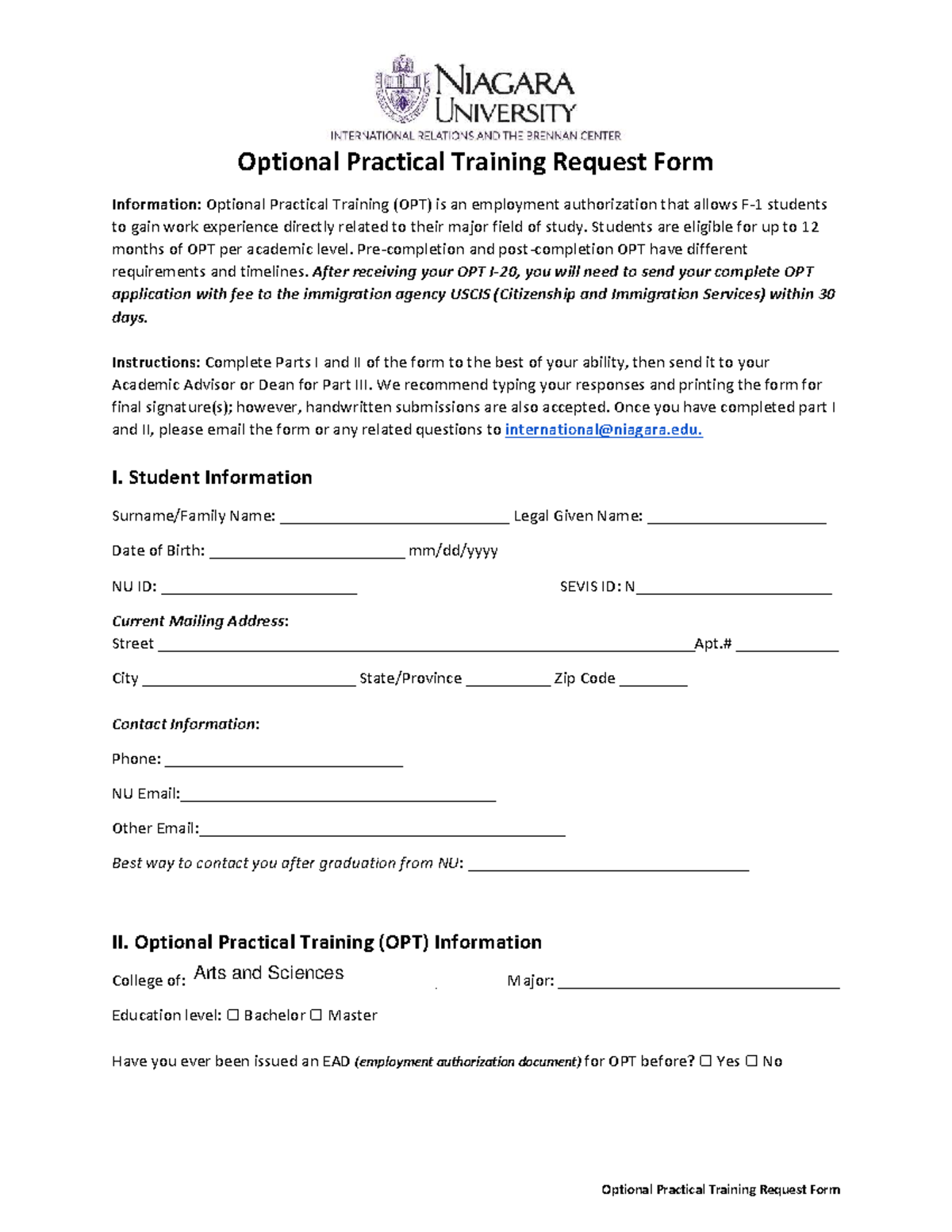 OPT Request Form: Guidelines for Optional Practical Training (OPT ...