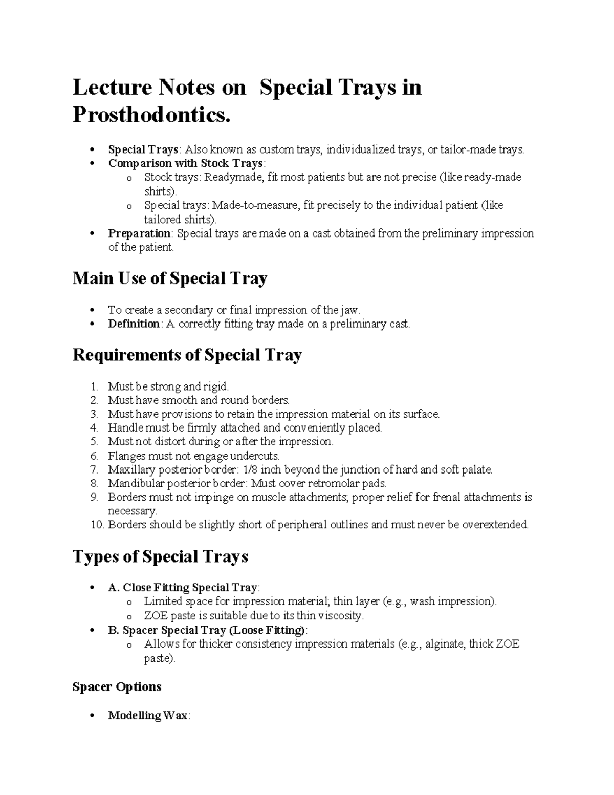 Lecture Notes on Special Trays in Prosthodontics (PROS 101) - Studocu