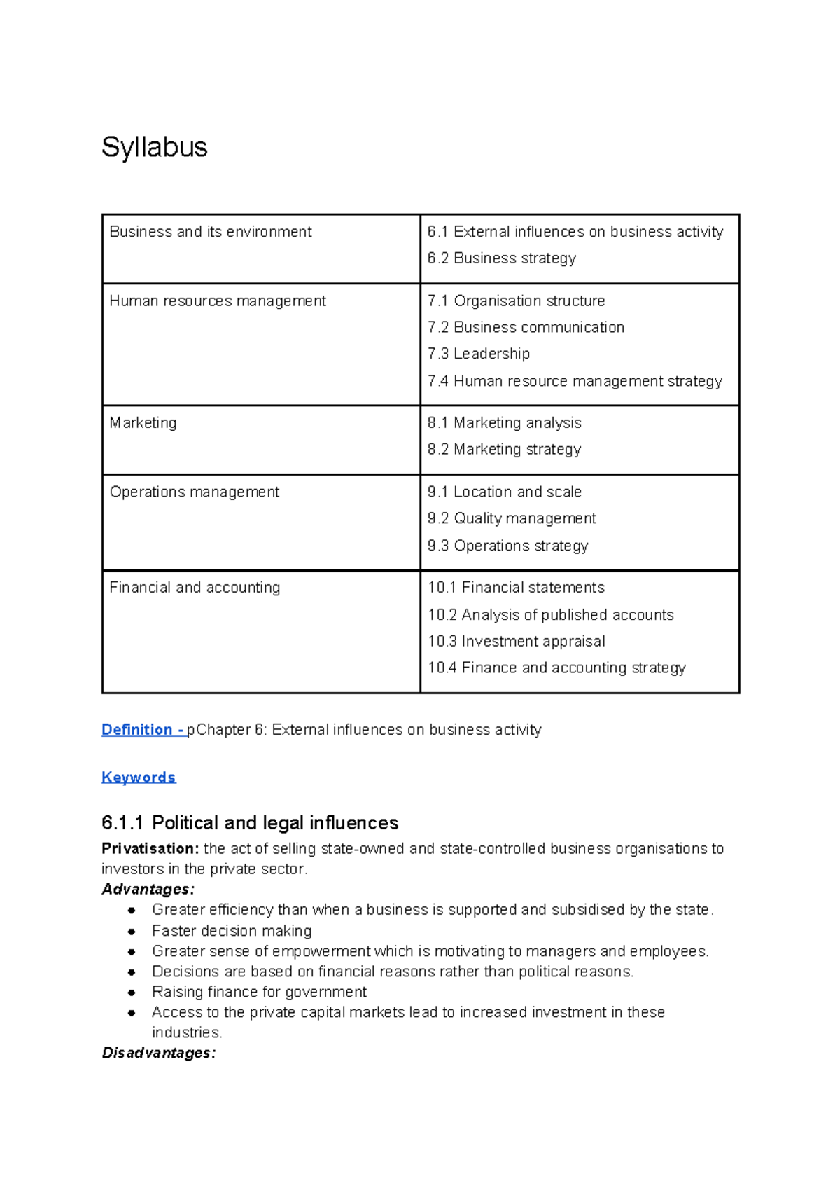 Business A Level - Syllabus Overview on External Influences and ...