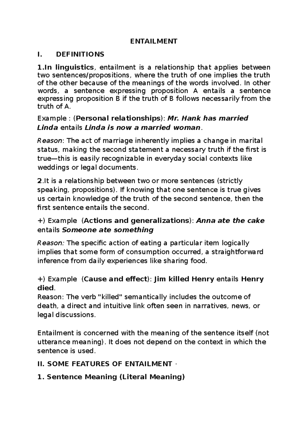 ENTAILMENT I: DEFINITIONS AND FEATURES - JSODJEJE - Studocu
