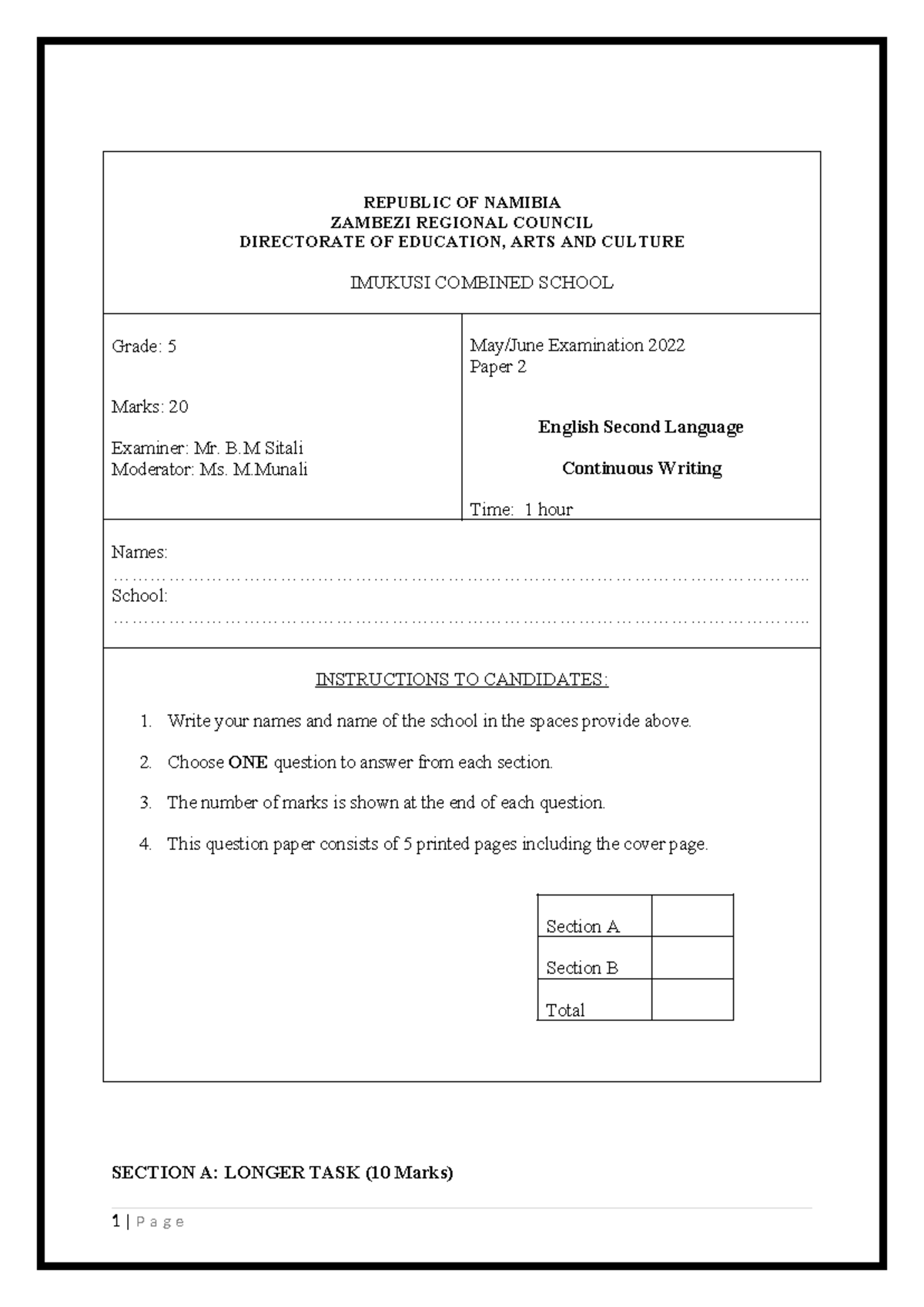 ENG 5 P2 2022 - Examination Paper for Continuous Writing - Studocu