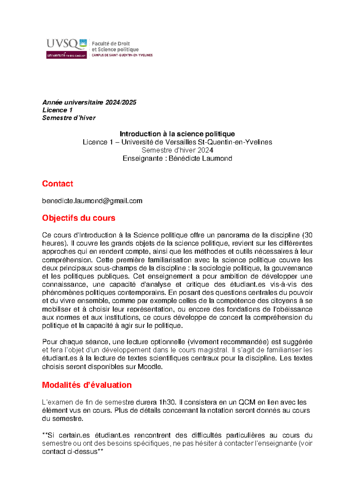 Syllabus Introduction à la Science Politique - Licence 1 - Semestre ...