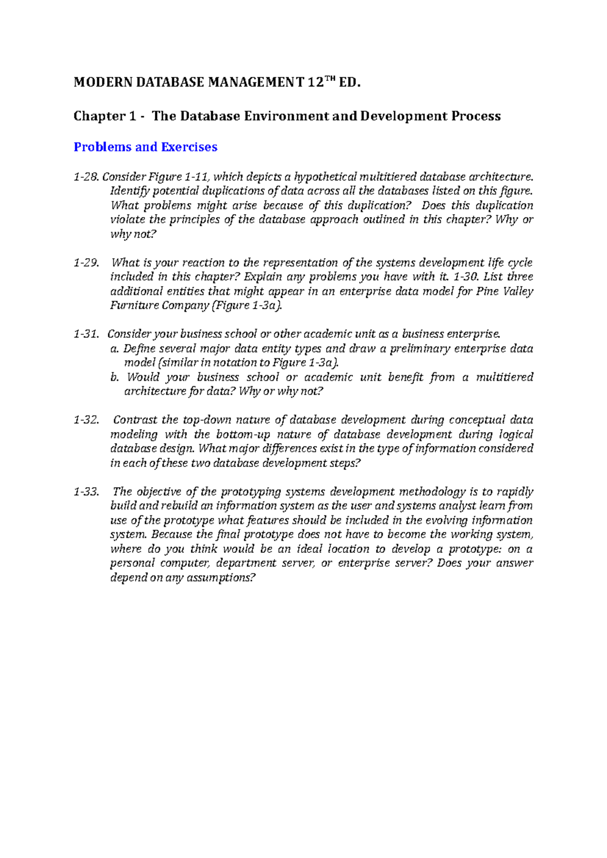 MODERN DATABASE MANAGEMENT (DBMS) – Chapter 1 Problems & Exercises ...