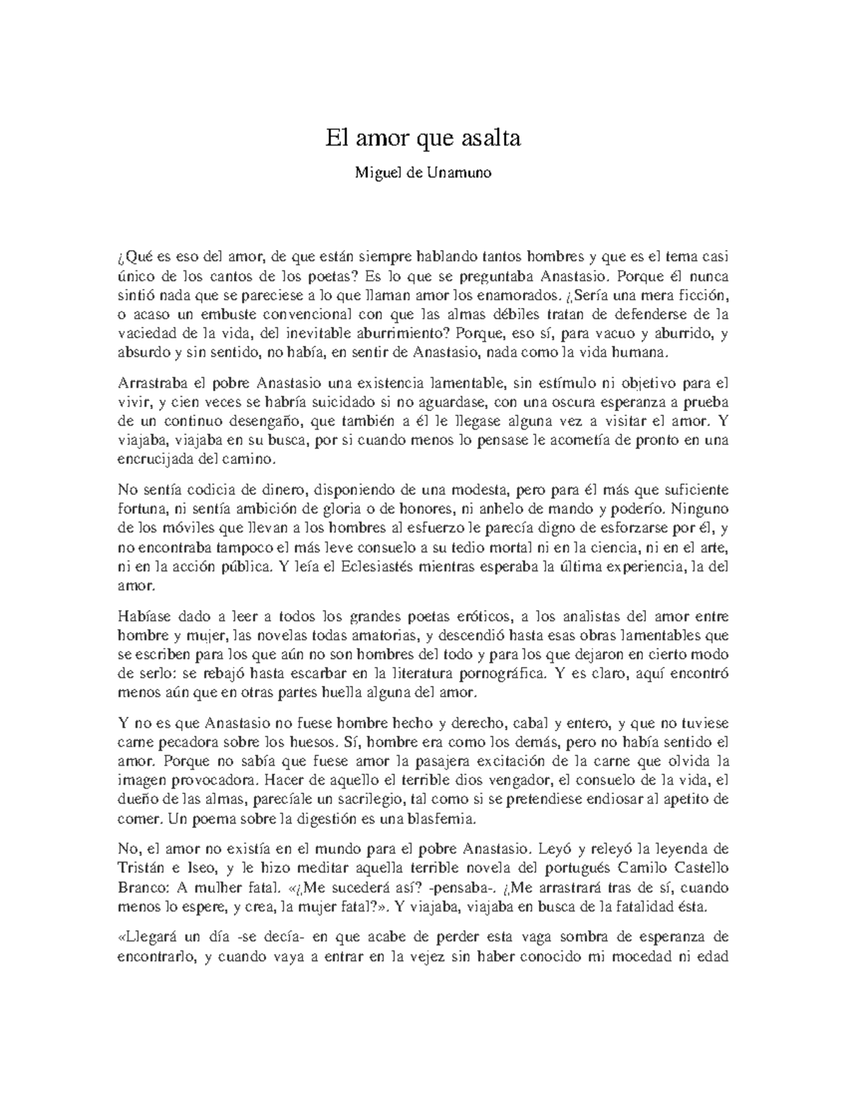 El amor que asalta - Análisis de Miguel de Unamuno - Document Preview