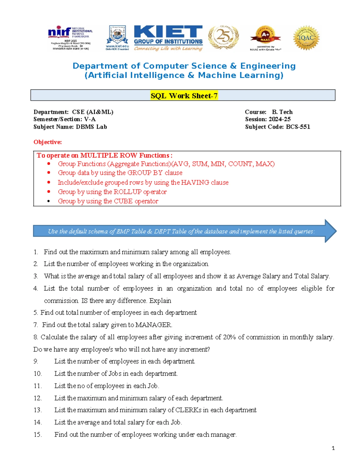 SQL Work Sheet-9 - lab - Department of Computer Science & Engineering ...