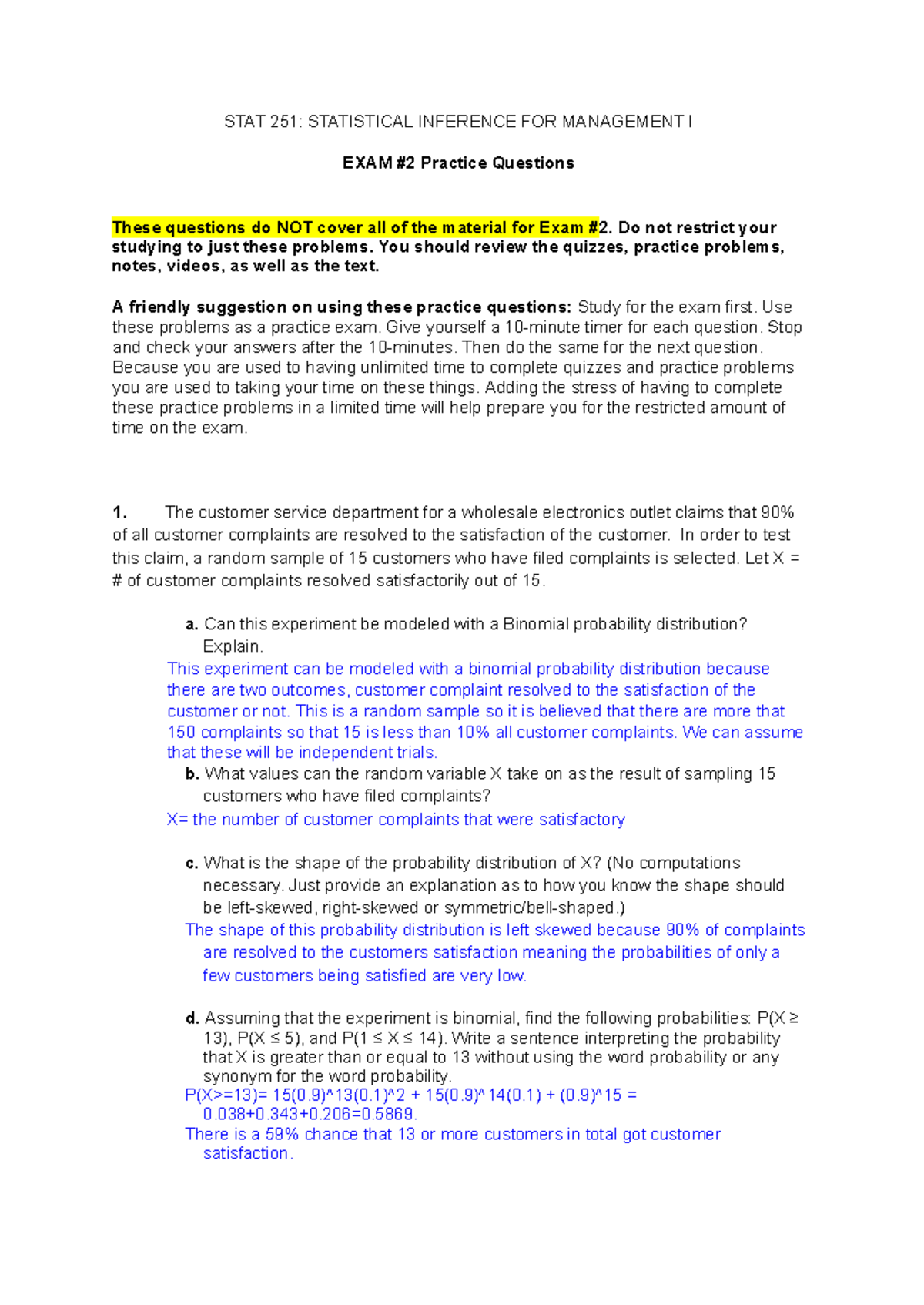 Exam 2 Review Stats - STAT 251: STATISTICAL INFERENCE FOR MANAGEMENT I ...