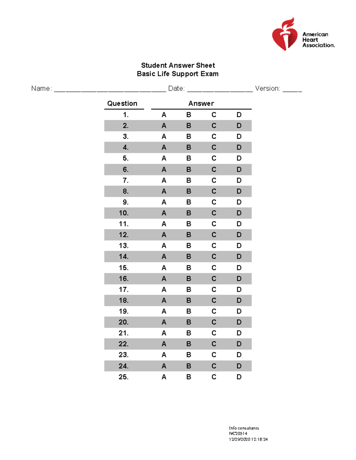 BLS EXAM Answer Sheet - Basic Life Support Student Response Form - Studocu