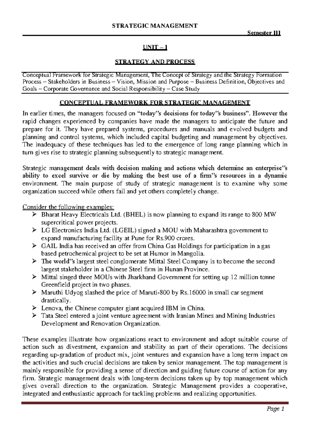 STRATEGIC MANAGEMENT - Unit 1 Lecture Notes (Semester III) - Studocu