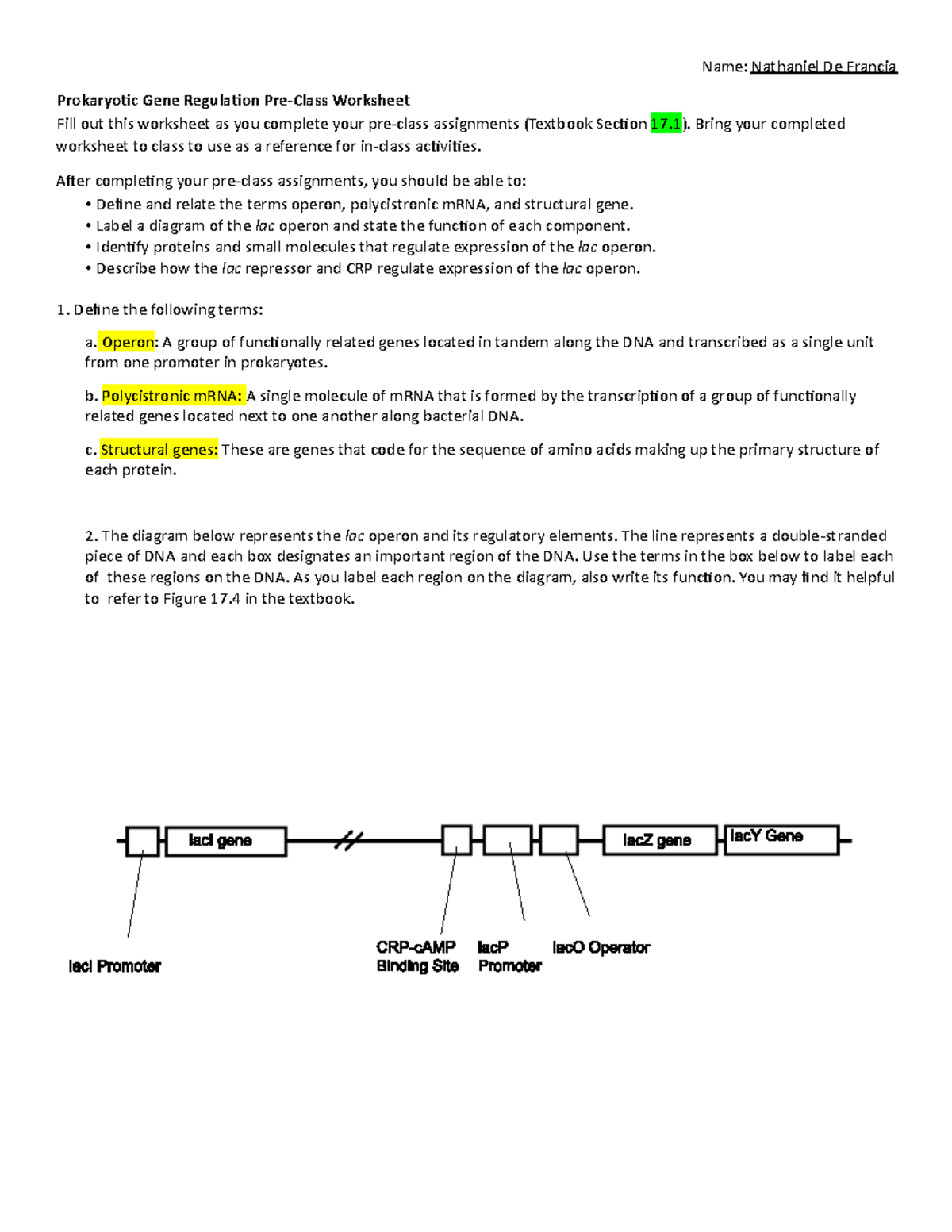 Week 7b Pre-Class Reading Guide - Prokaryotic Gene Regulation -Finished ...