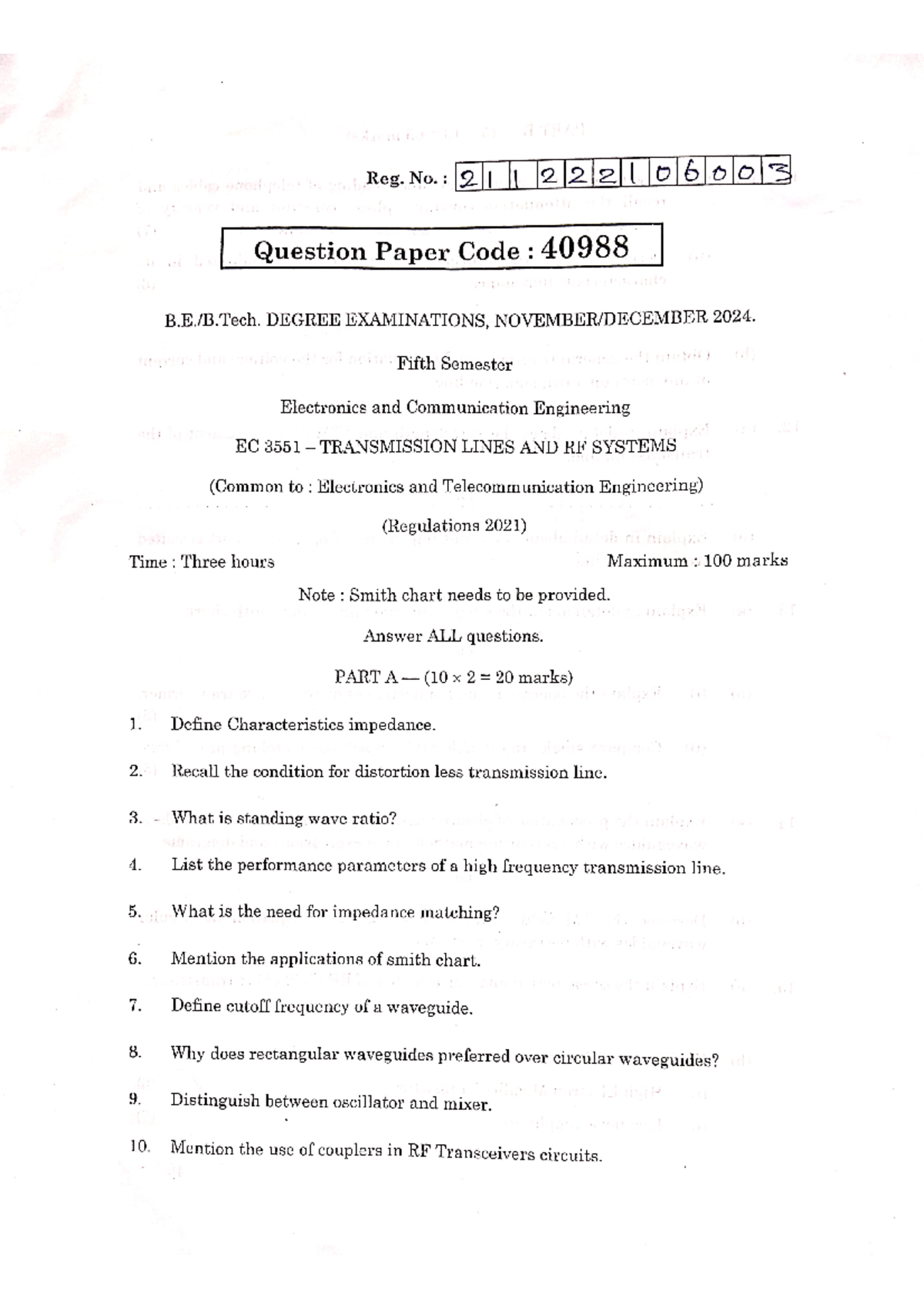 TLW NOV DEC 2024-AU QP: EC 3551 Transmission Lines & RF Systems Exam ...