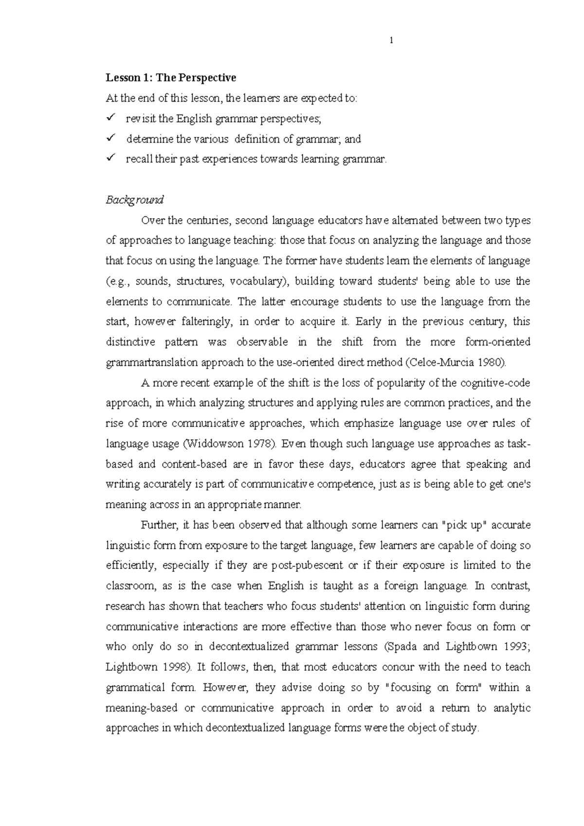Teaching Grammar: Perspectives & Approaches (ENG 101 - Lesson 1) - Studocu
