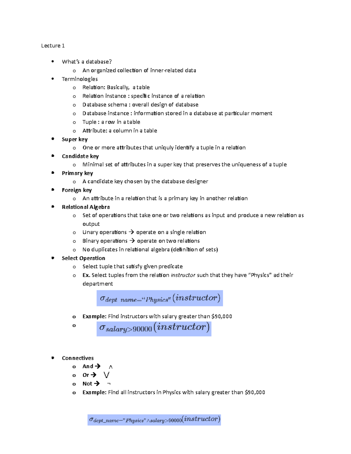 L1 - Lecture notes 1 - Lecture 1 What’s a database? o An organized ...