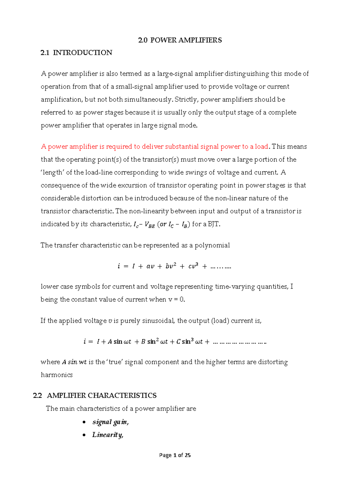 2.0 Power Amplifiers - EEE Lecture Notes on Class A, B, and AB Stages ...