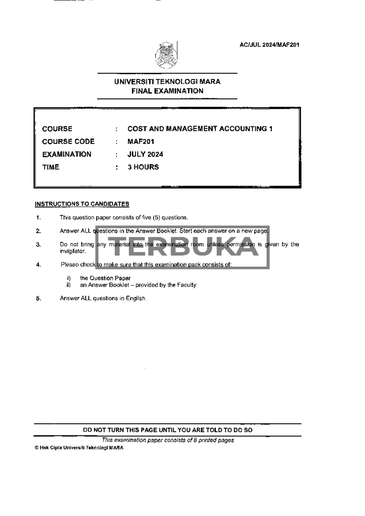 MAF201 FINAL EXAMINATION - COST AND MANAGEMENT ACCOUNTING 1 JULY 2024 ...