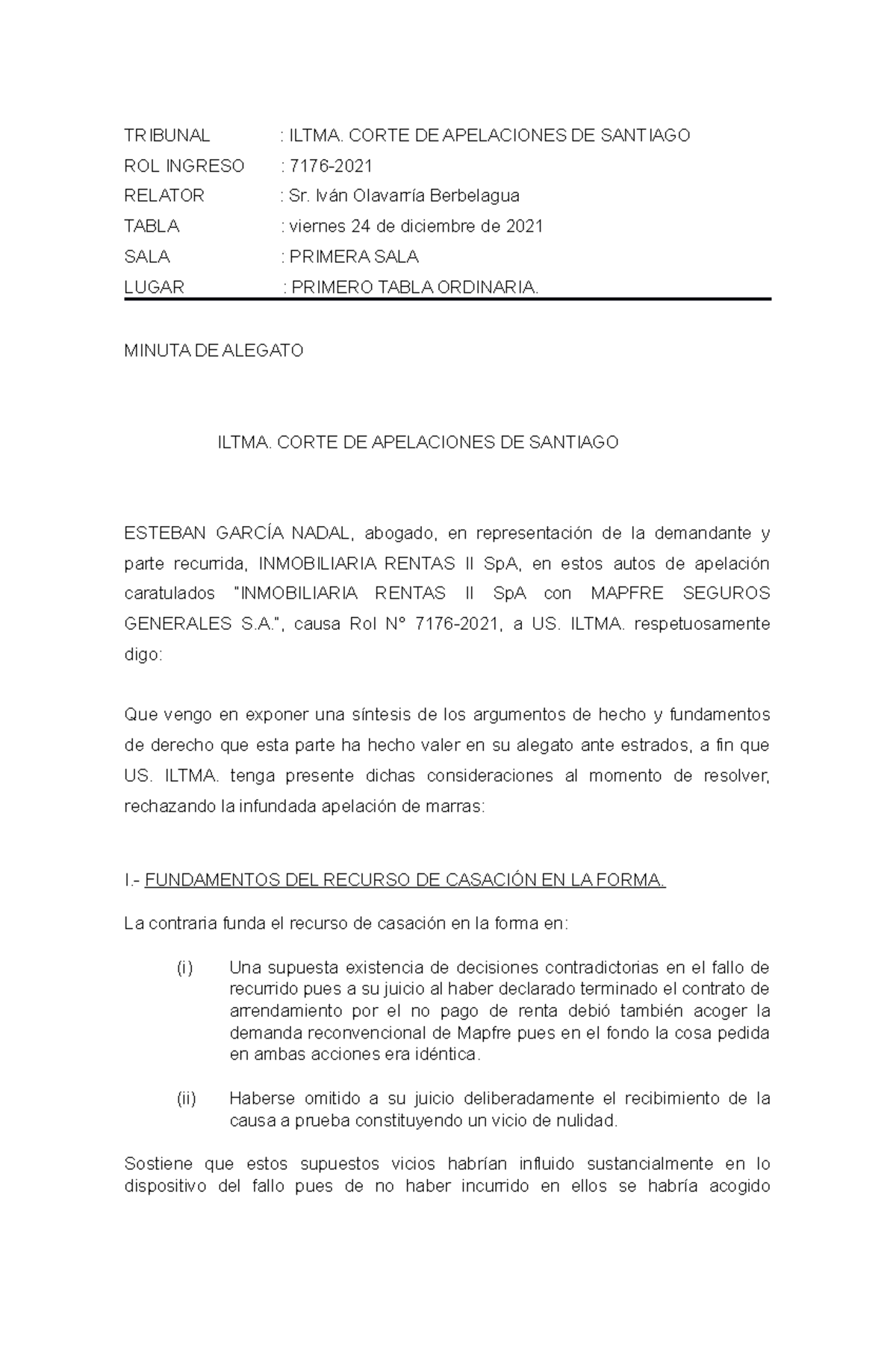 Minuta Alegato - Corte de Apelaciones Rol 7176-2021 - Document Preview