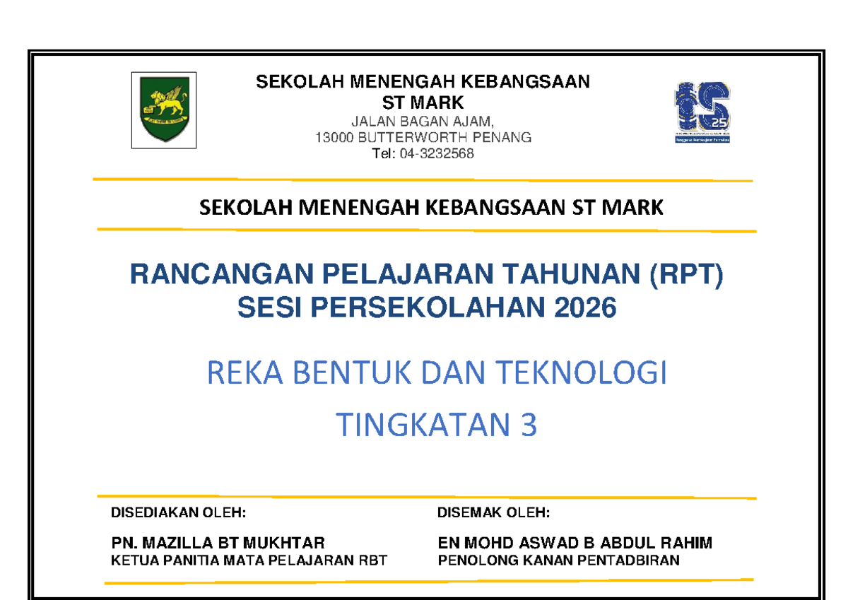 RPT Reka Bentuk dan Teknologi (RBT) Tingkatan 3 SMK St Mark 2026 - Document Preview