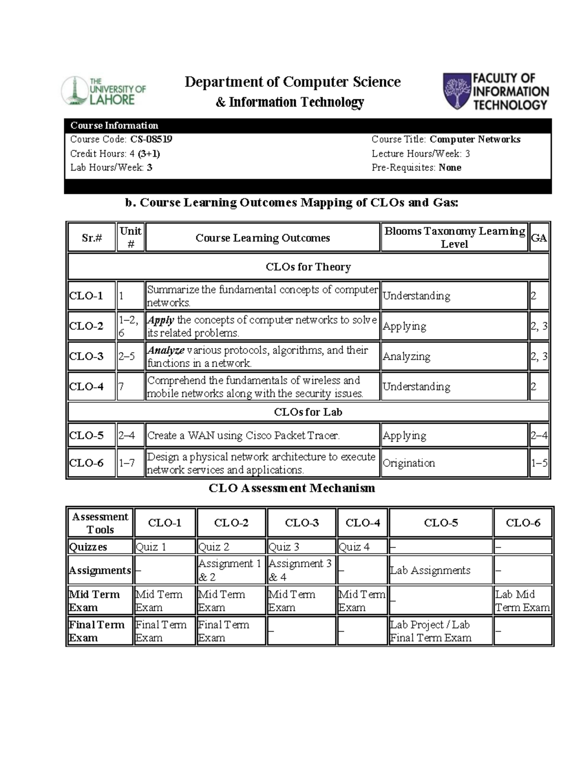 Computer Networks Lecture (CS 101) - Course Learning Outcomes - Studocu