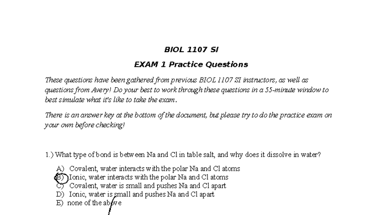 BIOL 1107 SI Exam 1 Practice Test Questions and Answers - Studocu