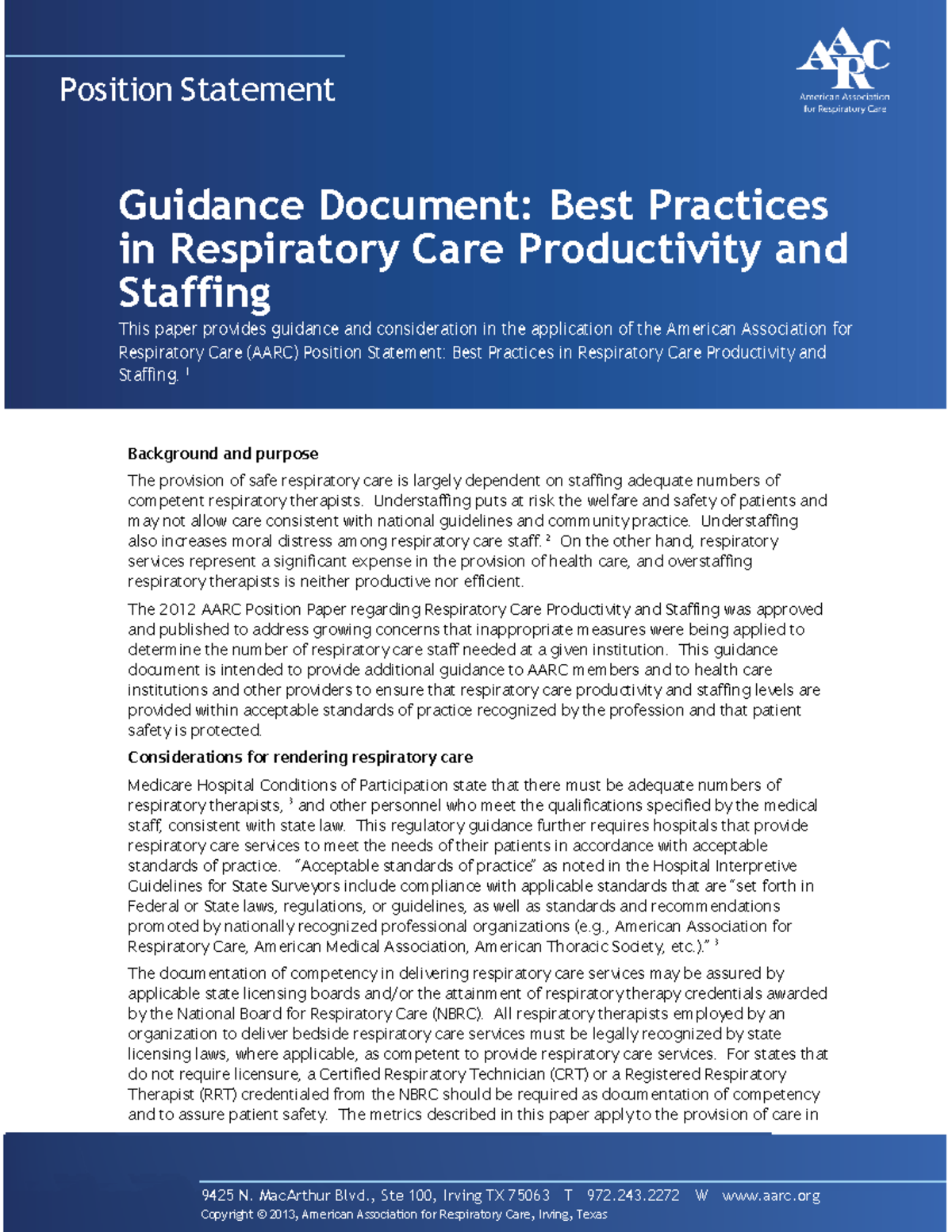 AARC Guidance Document: Best Practices in Respiratory Care Staffing ...