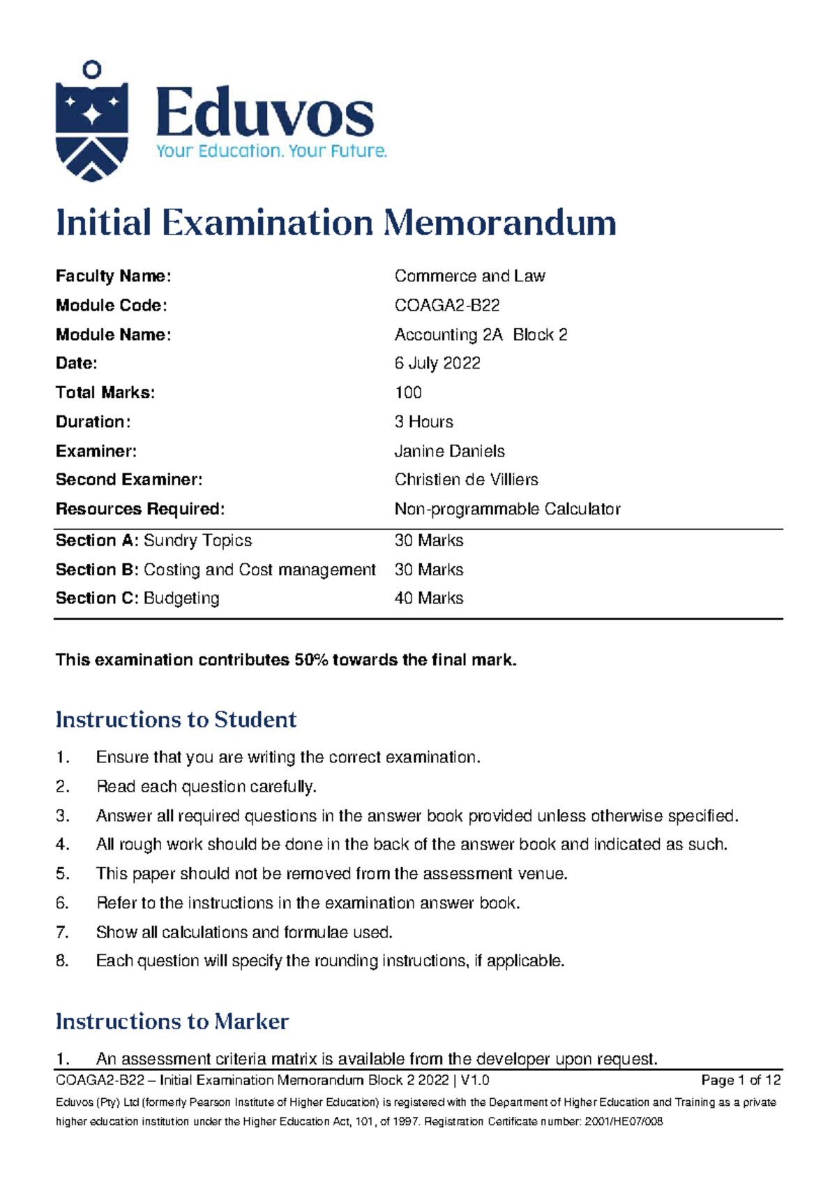 Coaga 2-B22 - Initial Examination Memorandum for Accounting 2A Block 2 ...