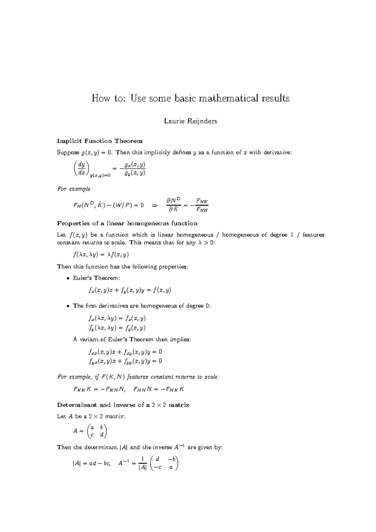 Basic Math Results: Implicit Functions, Homogeneous Functions ...