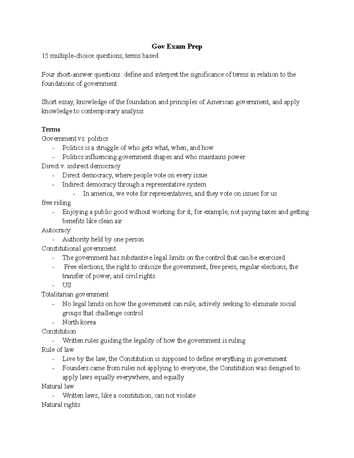 Government Exam #1 Prep: Key Terms & Concepts Overview - Studocu