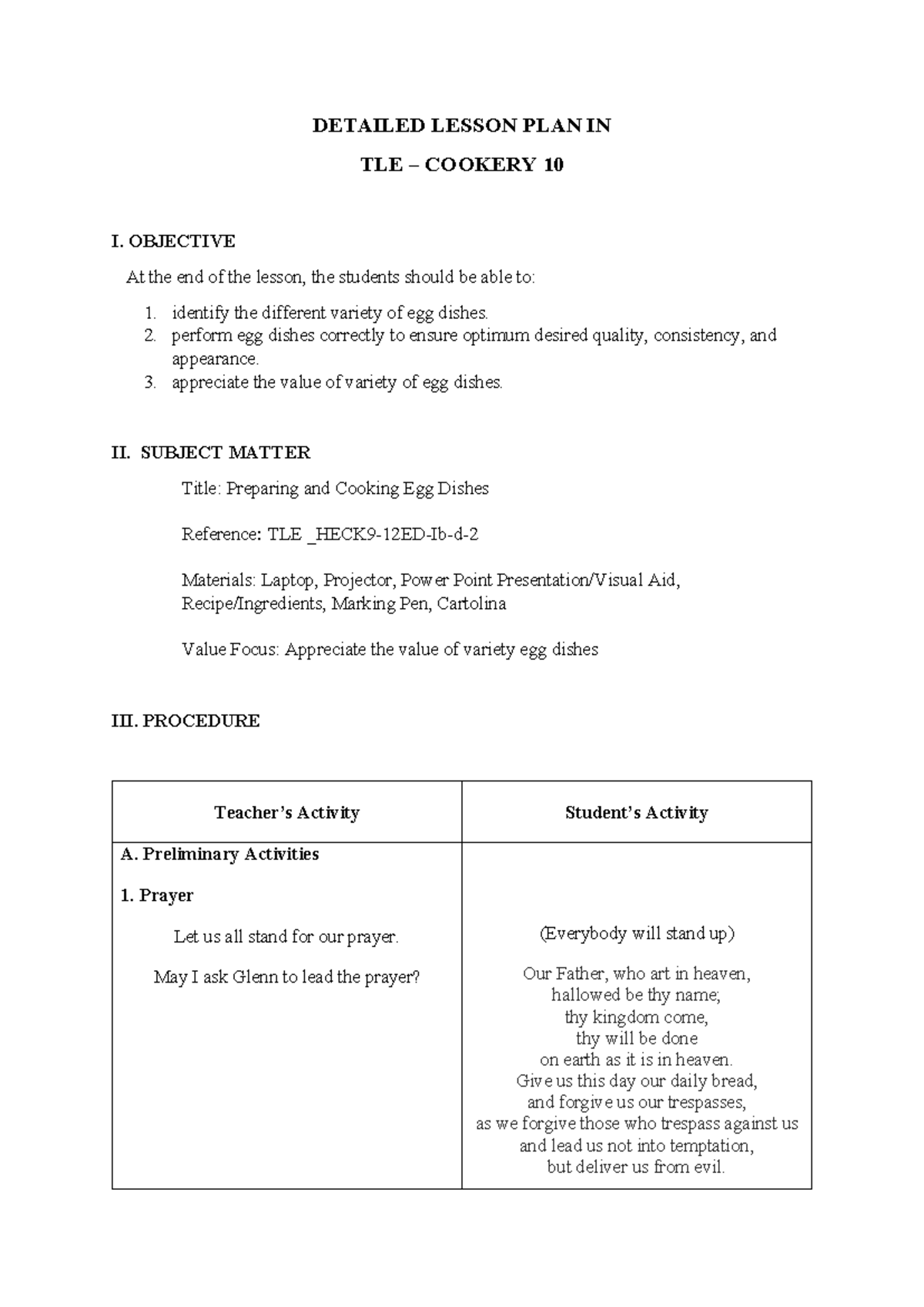 Detailed Lesson Plan in TLE Cookery 10: Preparing Egg Dishes - Studocu