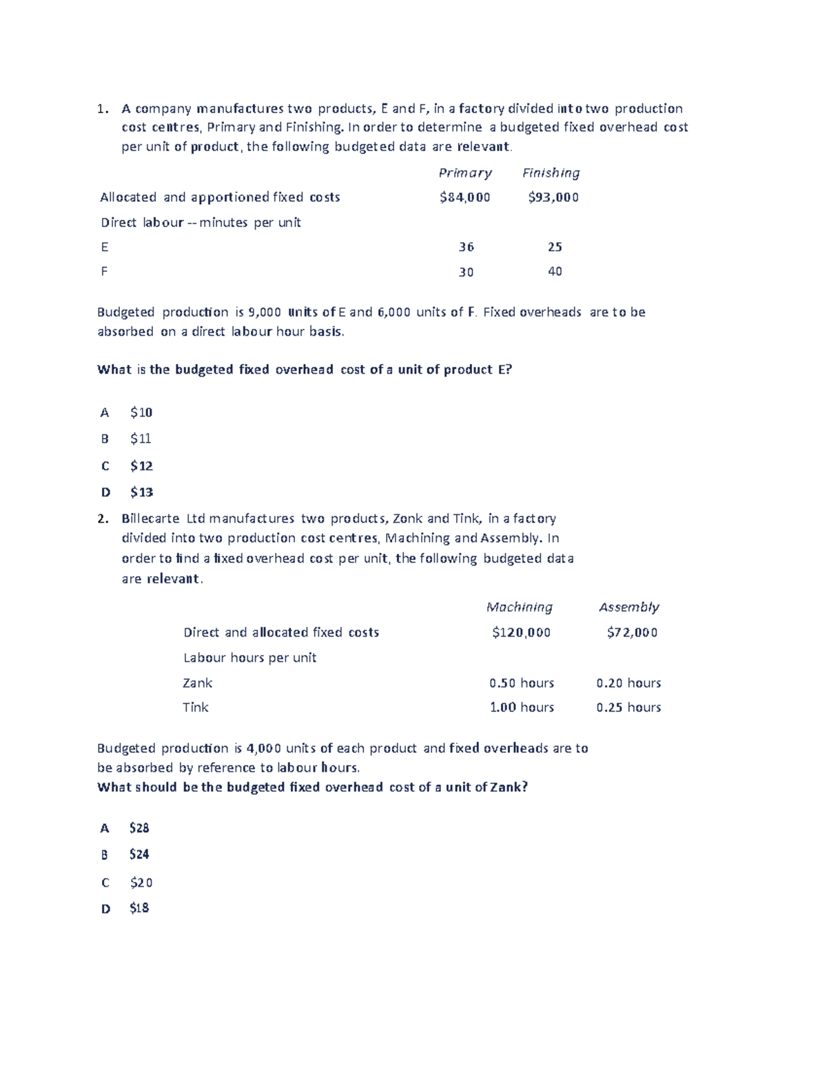Overheads Practice Questions for F2 - Costing Fundamentals - Studocu