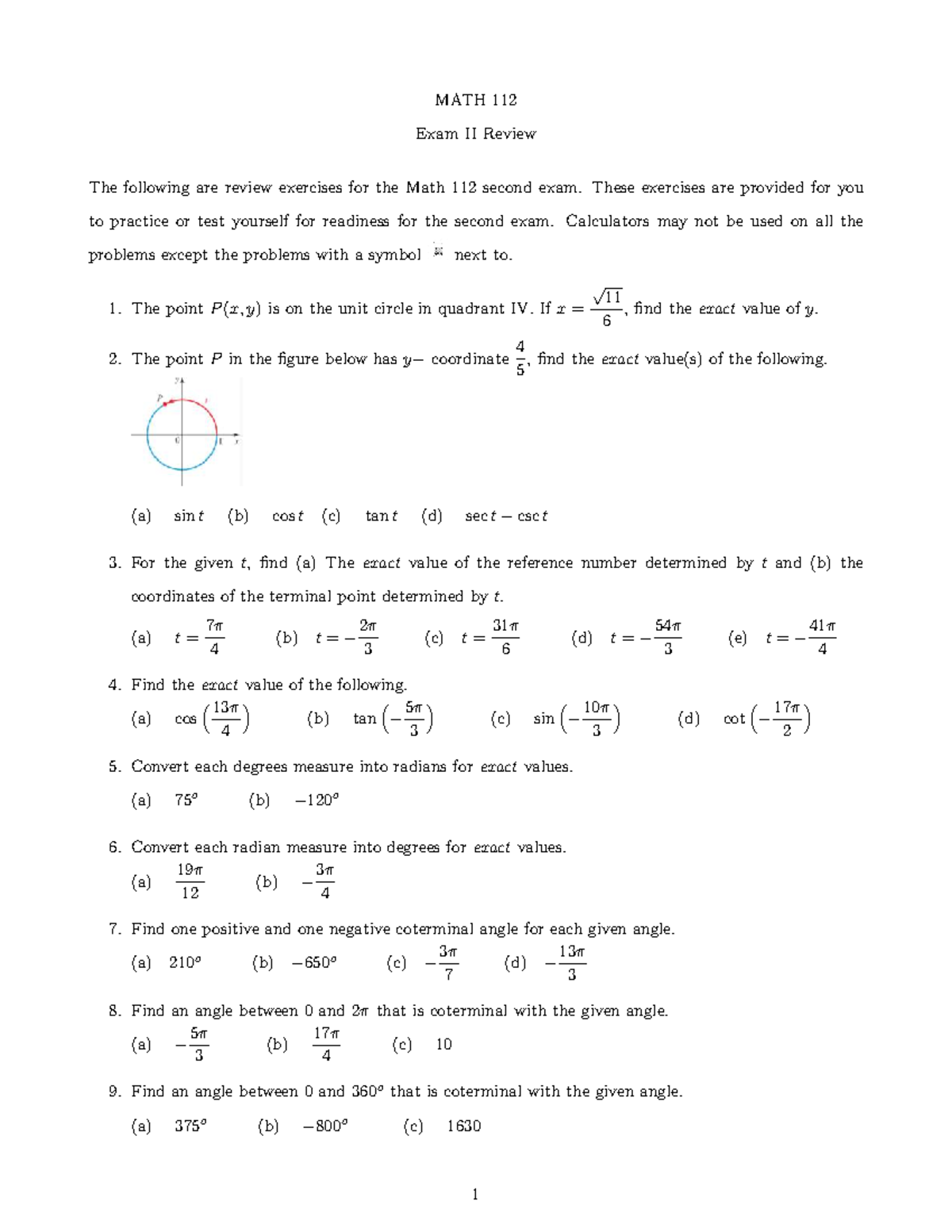 MATH 112 Exam II Review: Key Concepts and Practice Problems - Studocu
