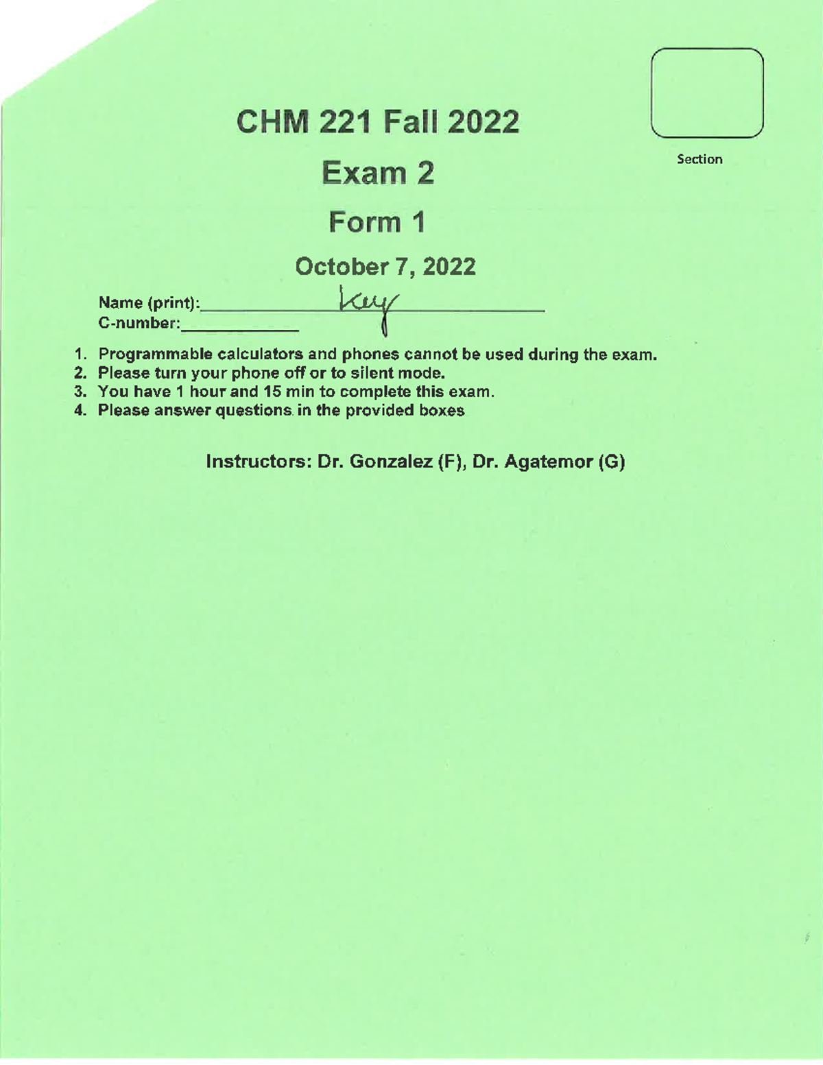 CHM221 Exam 2 Answer Key - Fall 2022 Section, Form 1 - Studocu