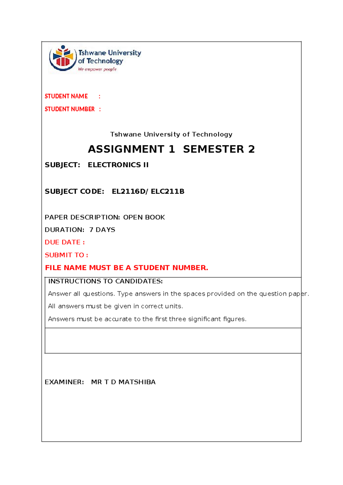 Assignment 1: Operational Amplifiers in Electronics II (ELC211B) - Studocu