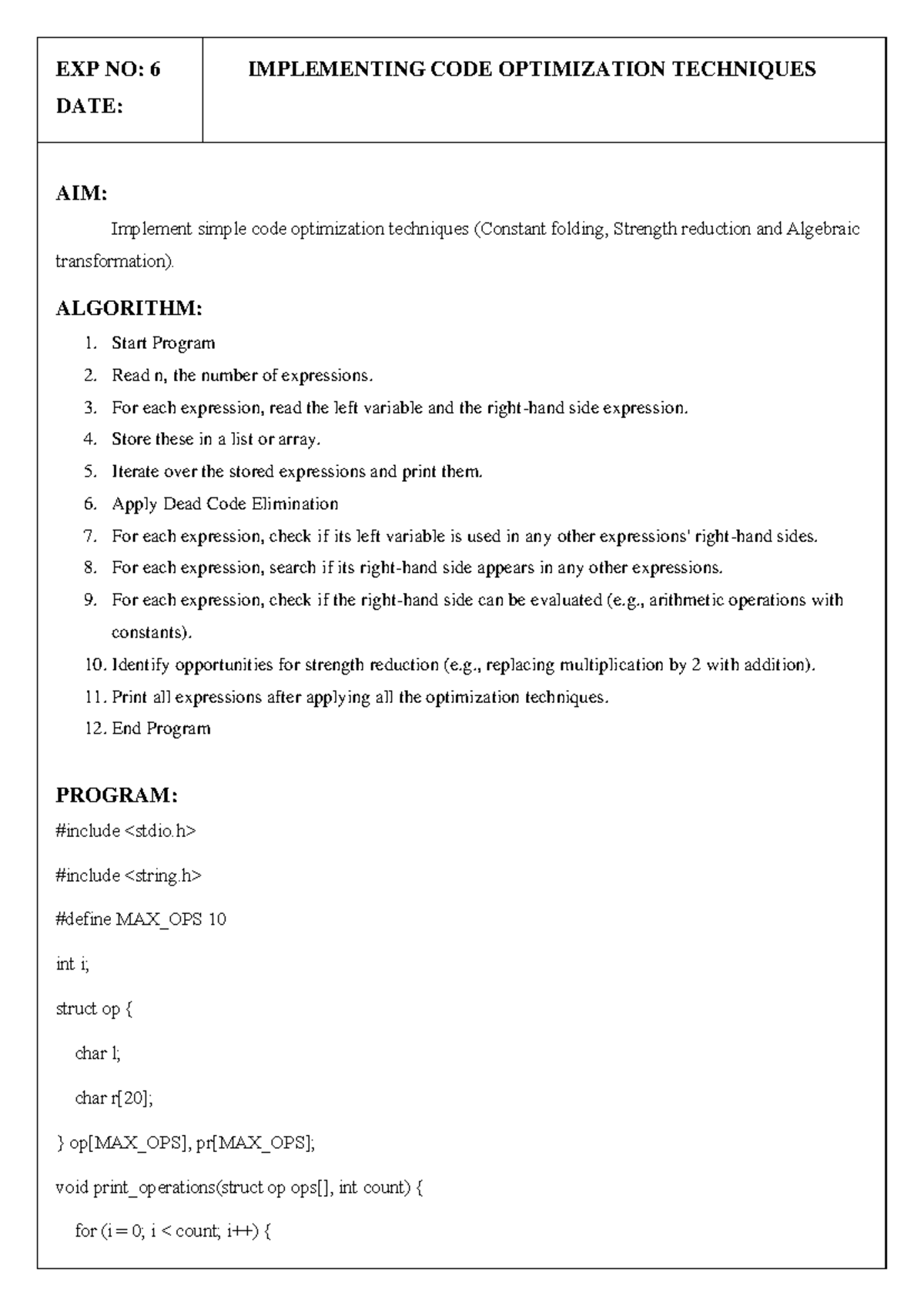 6th exp cd - 6th experiment of compiler design - EXP NO: 6 IMPLEMENTING ...