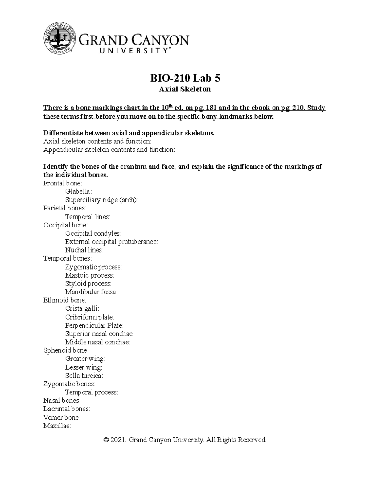 BIO215 Lab 5 terms - notes - BIO-210 Lab 5 Axial Skeleton There is a ...