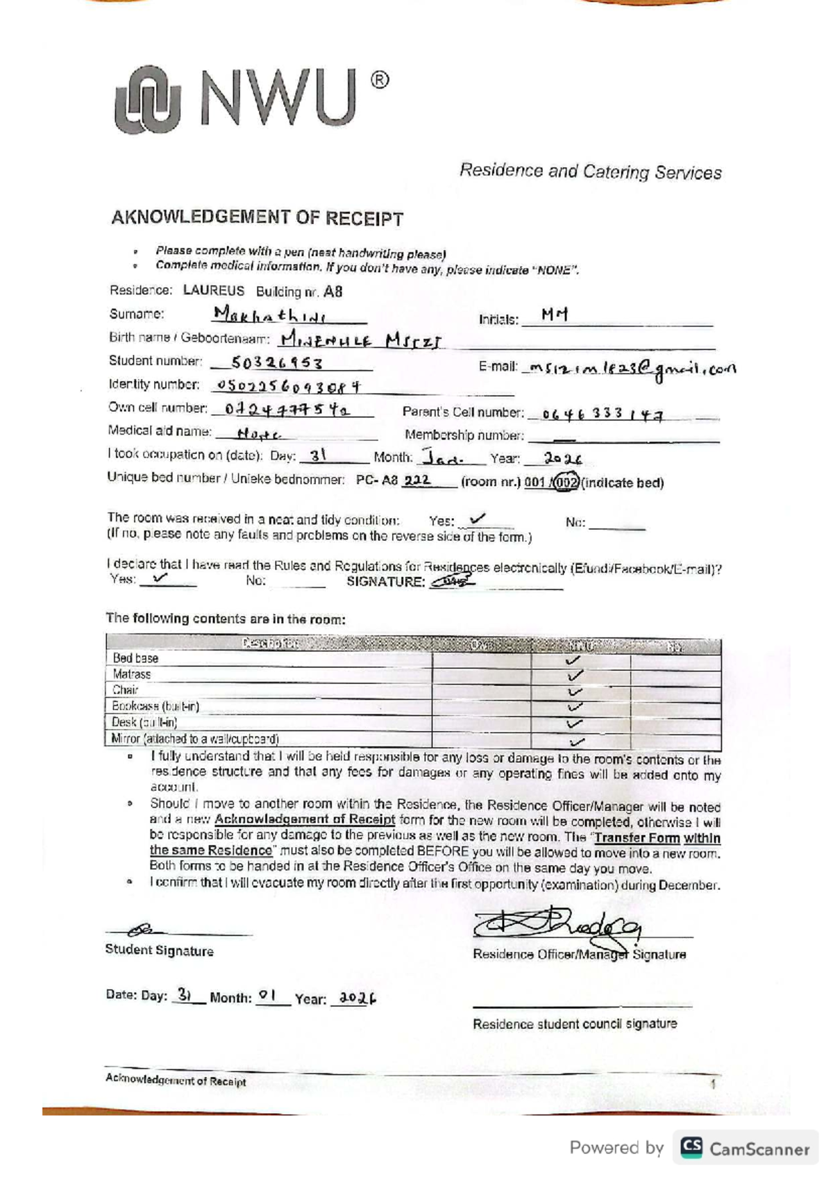 NWU R Residence Acknowledgement of Receipt - Inventory Form - Studocu