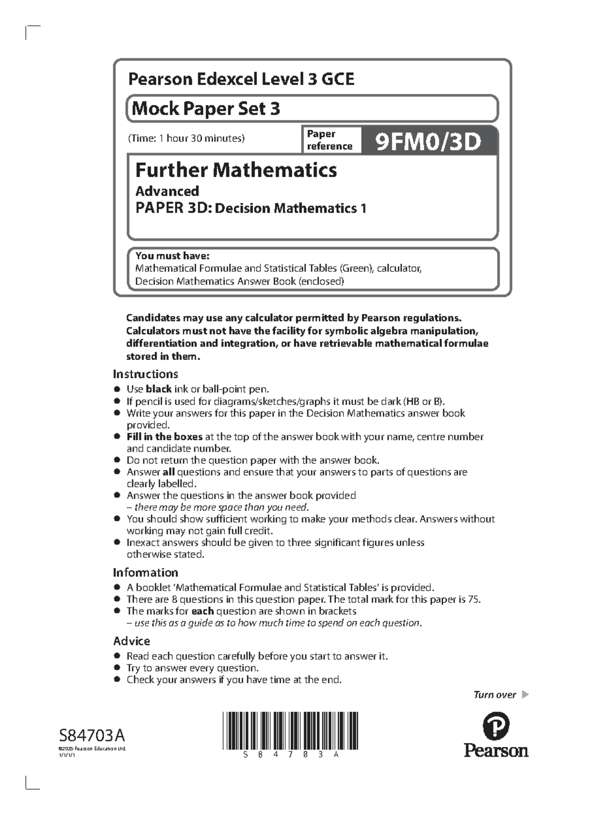 Pearson Edexcel Level 3 GCE Further Mathematics Mock Paper 3D: Decision ...