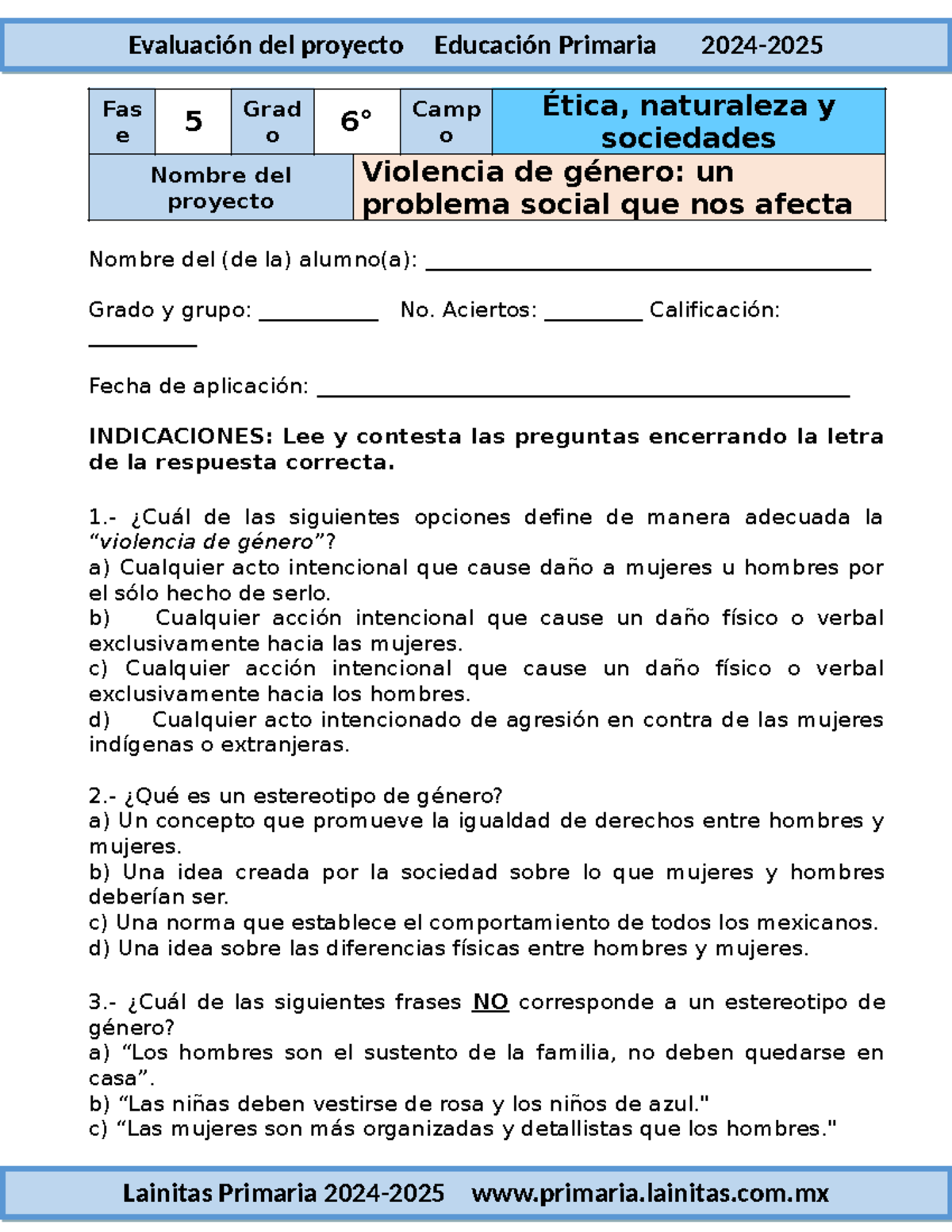 6to Grado - Examen 01: Violencia de Género y su Impacto Social (2024 ...