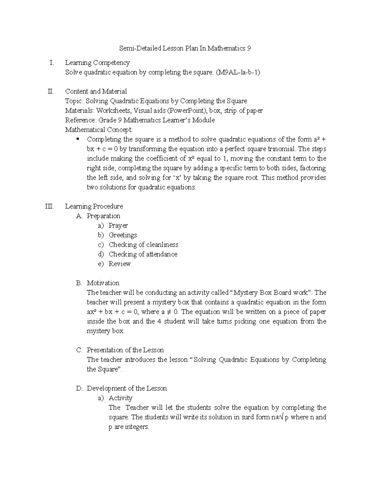 MATH9 LP Comp 2 No. 2: Semi-Detailed Lesson Plan on Quadratics - Studocu