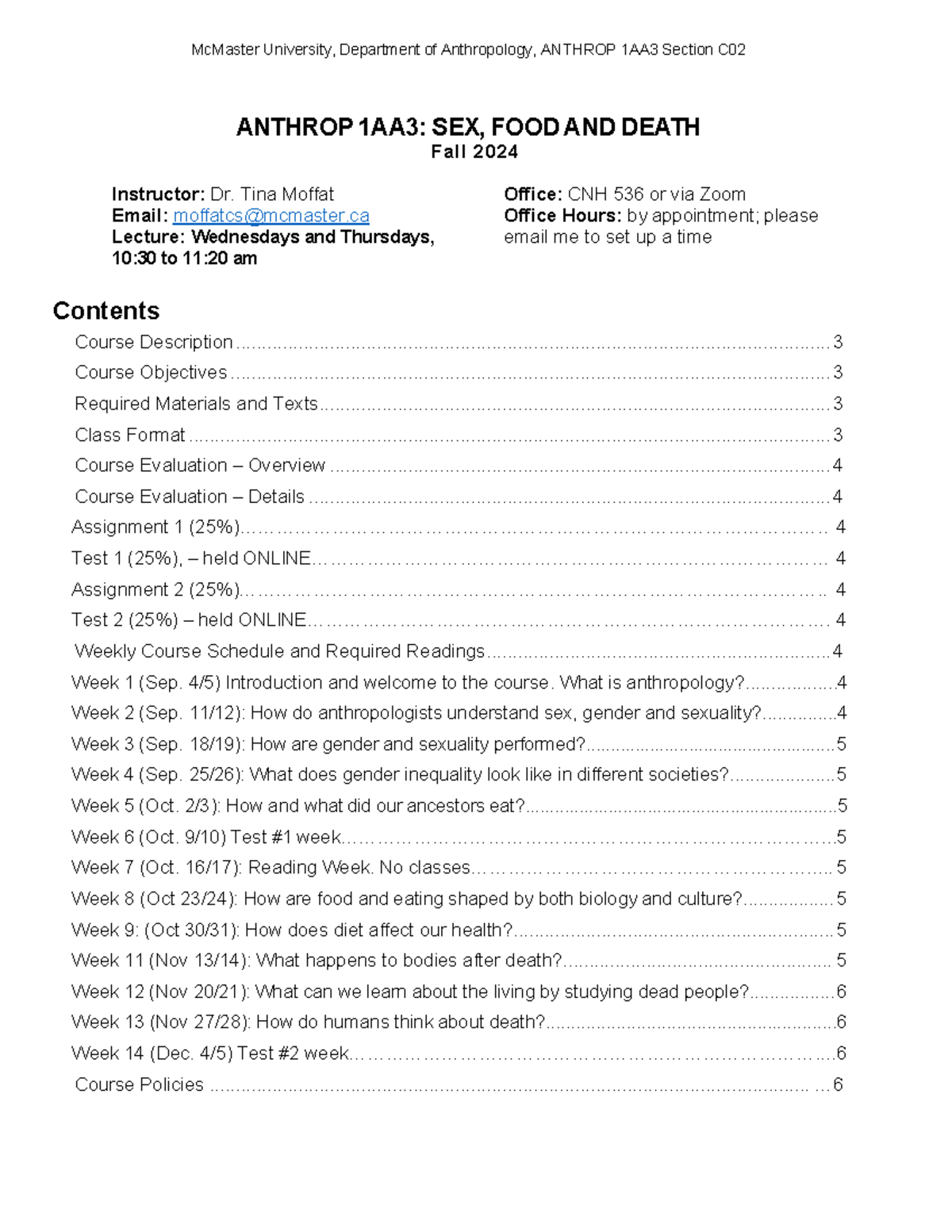 Syllabus for ANTHROP 1AA3: Sex, Food, and Death - Fall 2024 - Studocu