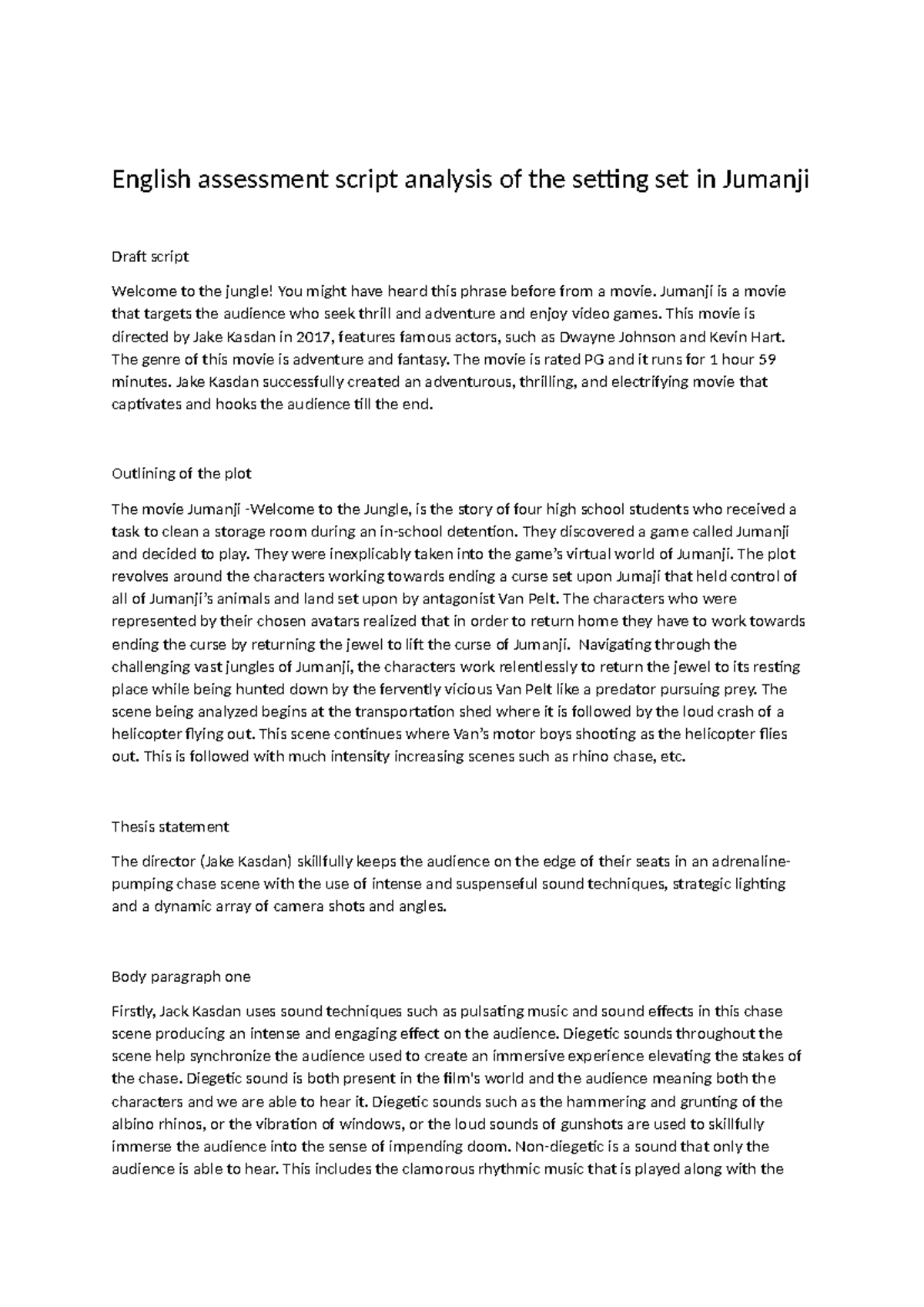 ENG 101: Analysis of Setting in Jumanji - Script Assessment Draft - Studocu