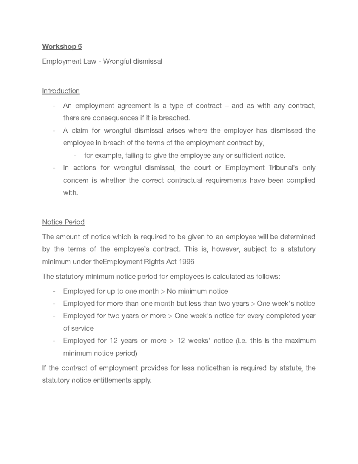 Workshop 5: Employment Law - Wrongful Dismissal Overview - Studocu
