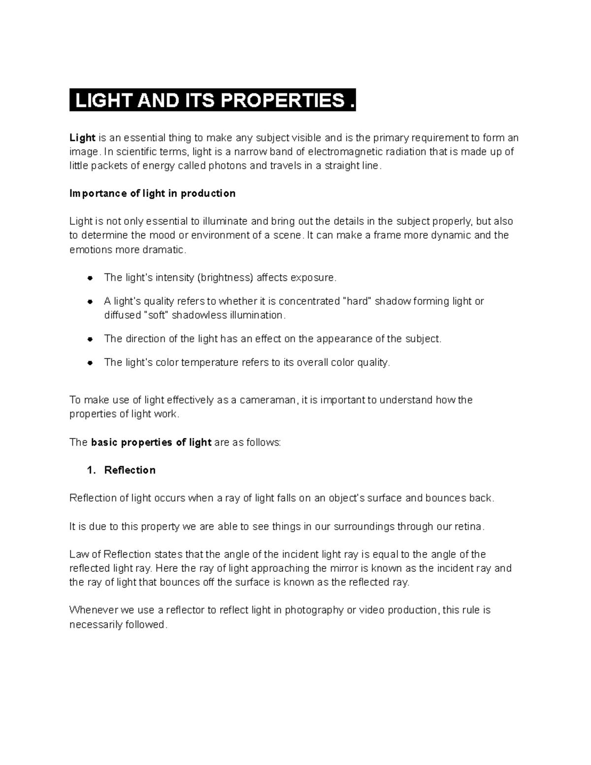 UNIT 3 Lighting Techniques and Properties - BVCLS Unit3 - Studocu