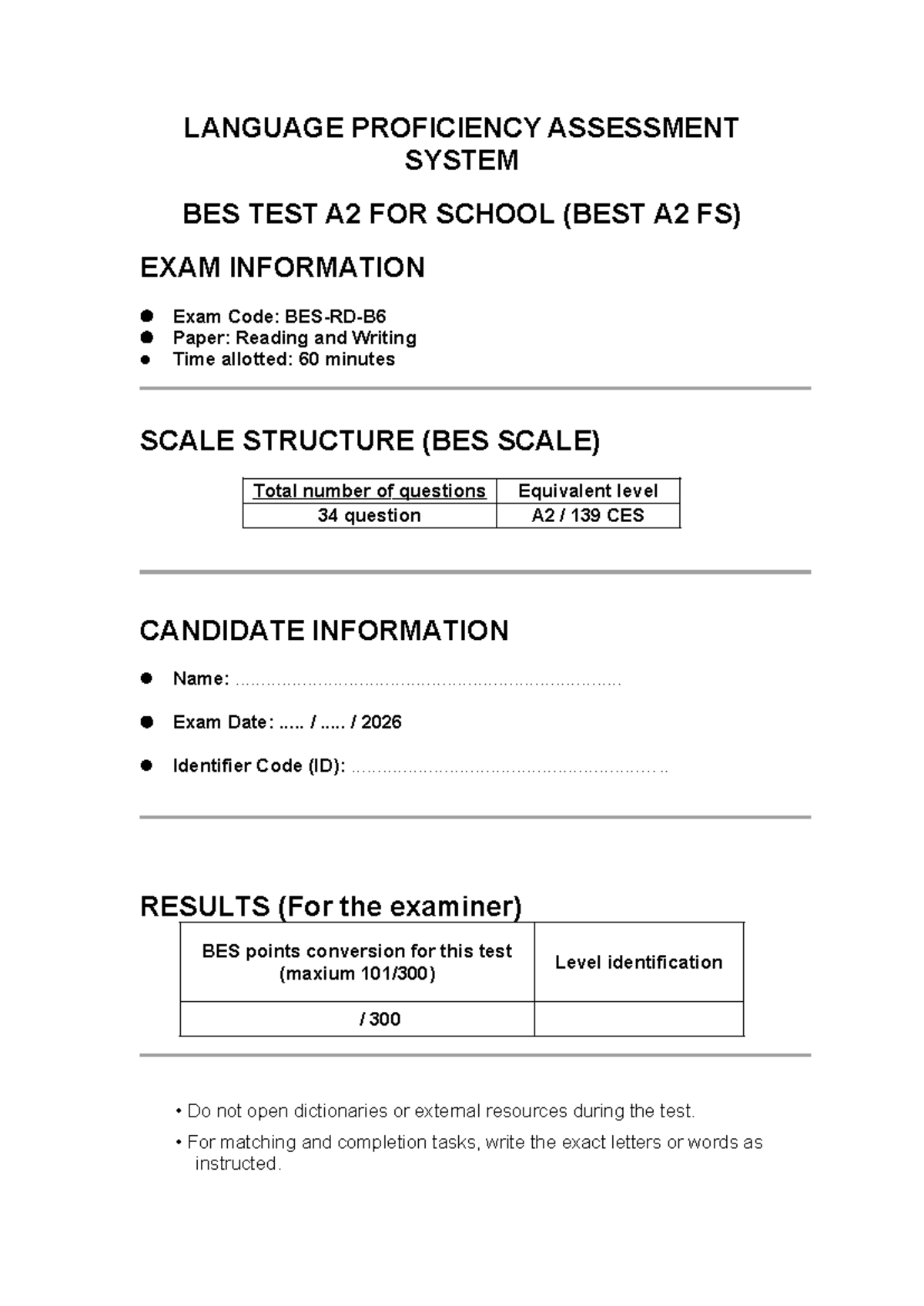 LANGUAGE PROFICIENCY ASSESSMENT SYSTEM BES TEST A2 EXAM GUIDE - Studocu