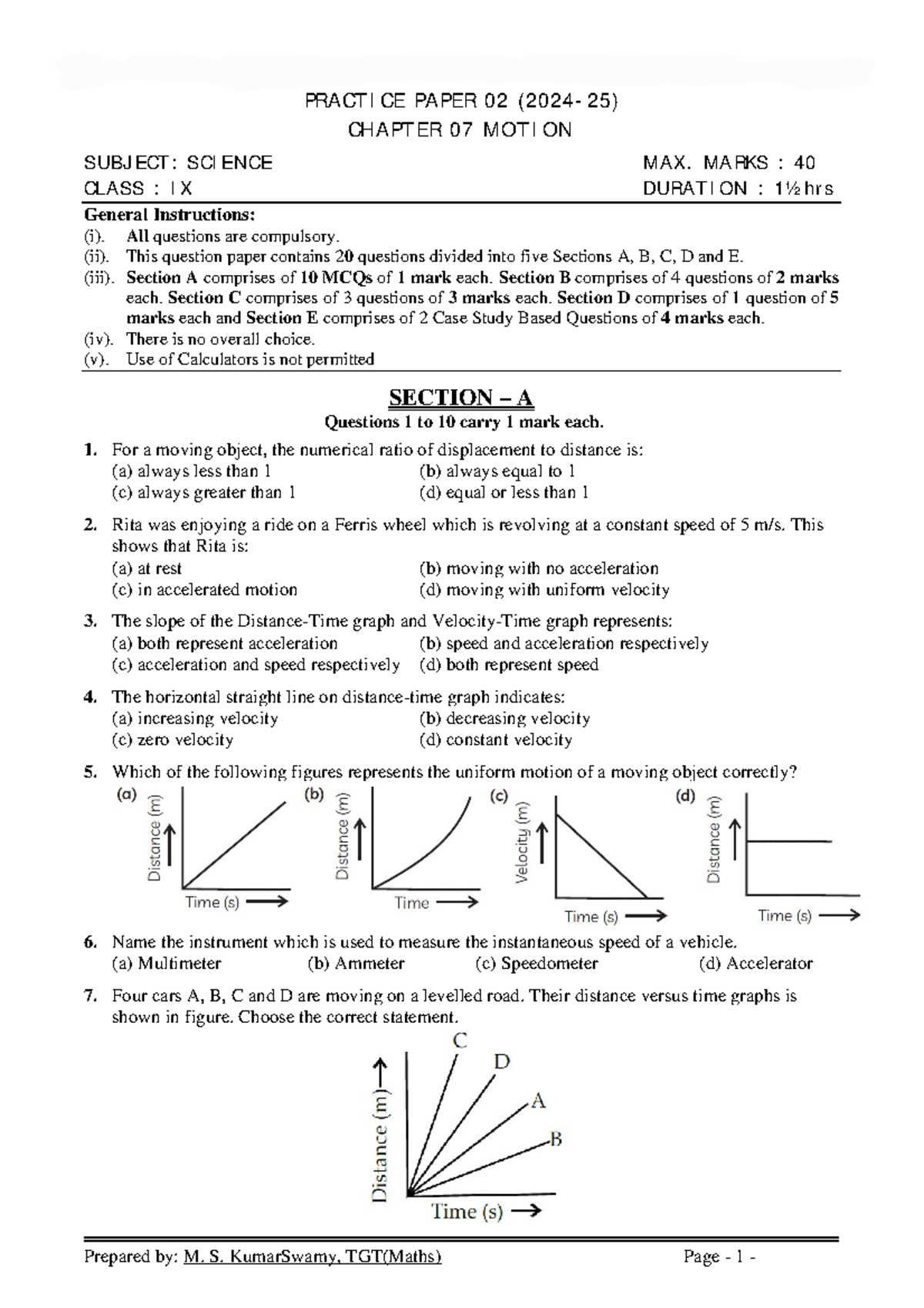 Science Class IX Practice Paper 02: Chapter 07 Motion (260130) - Studocu